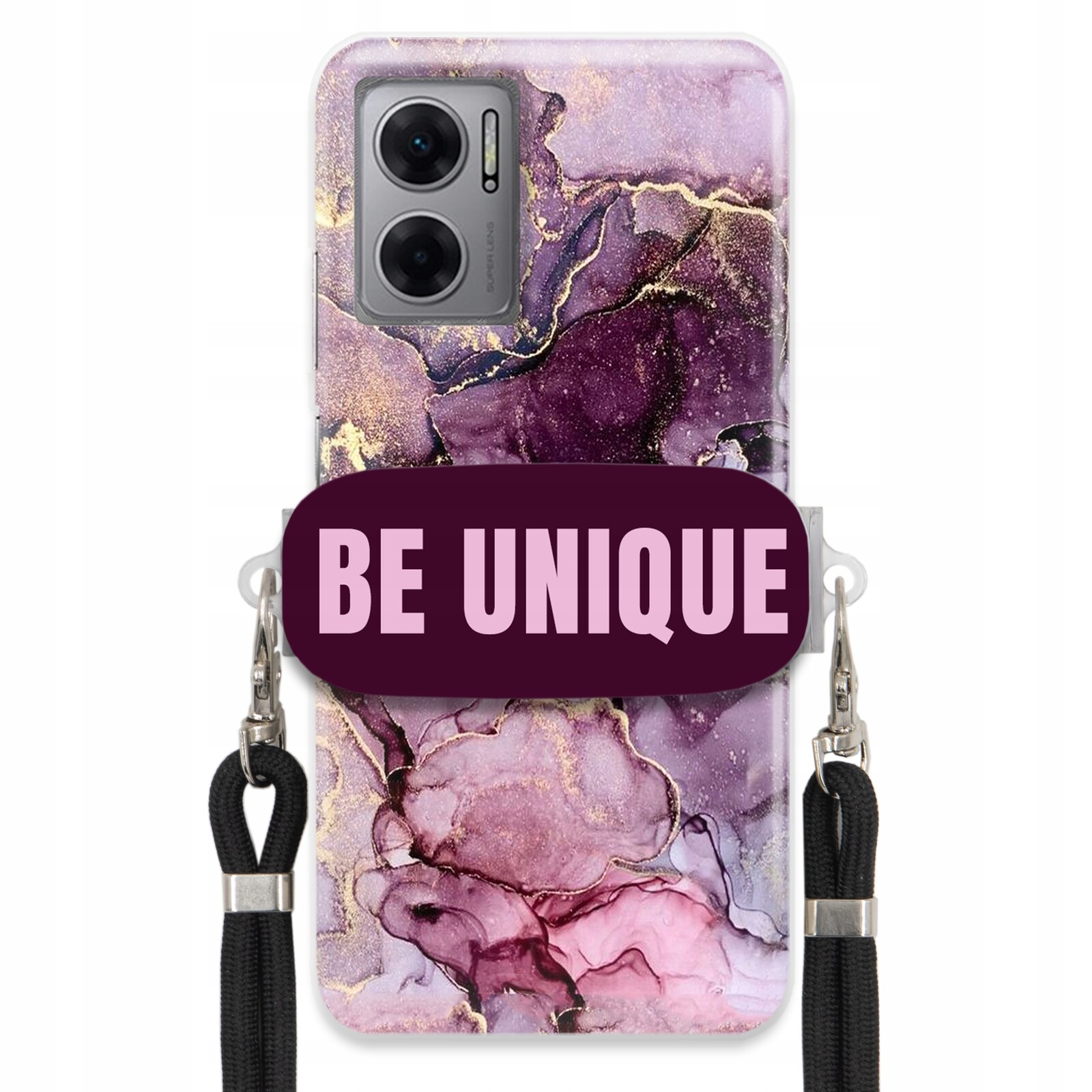 Pouzdro pro Xiaomi Redmi 10 5G úchytka na šňůrku, černá fialová barva, mramor