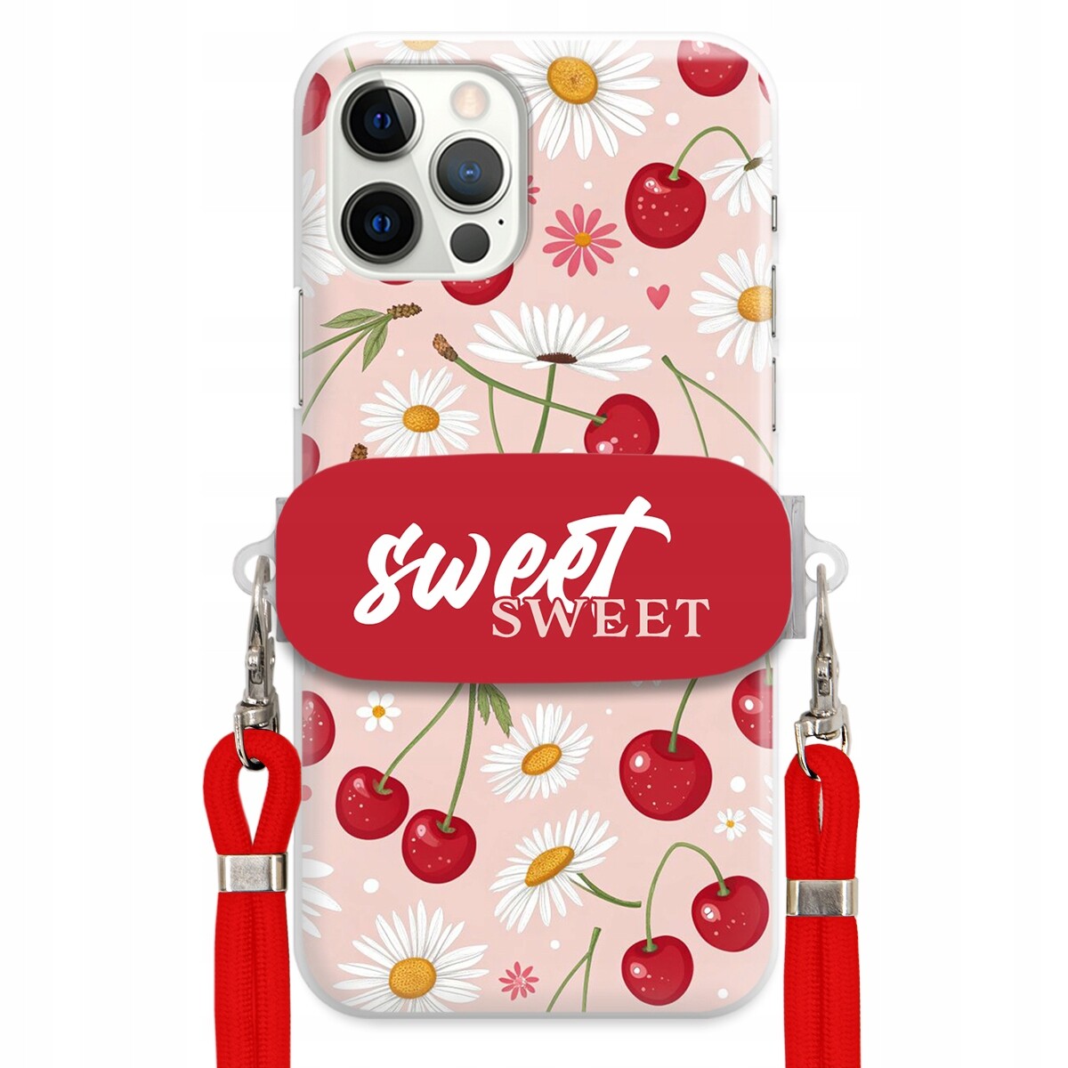 Pouzdro pro iPhone 12 Pro Červené vodítko držák Crossbody Sweet Višňový Květ
