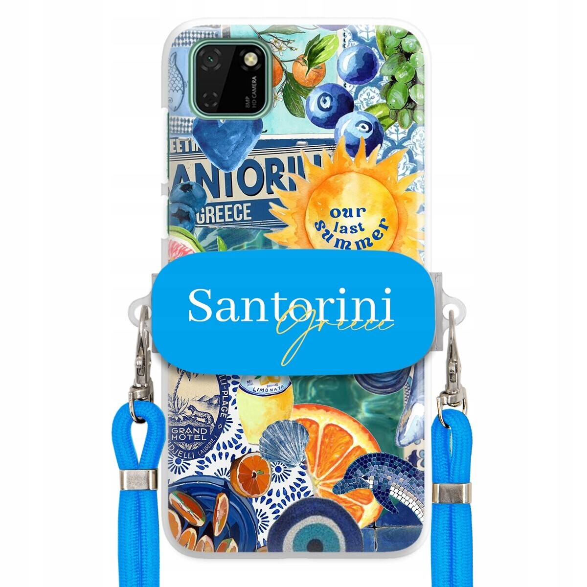 Pouzdro pro Huawei Y5P Modré Crossbody vodítko Držák Santorini Sea Vibes