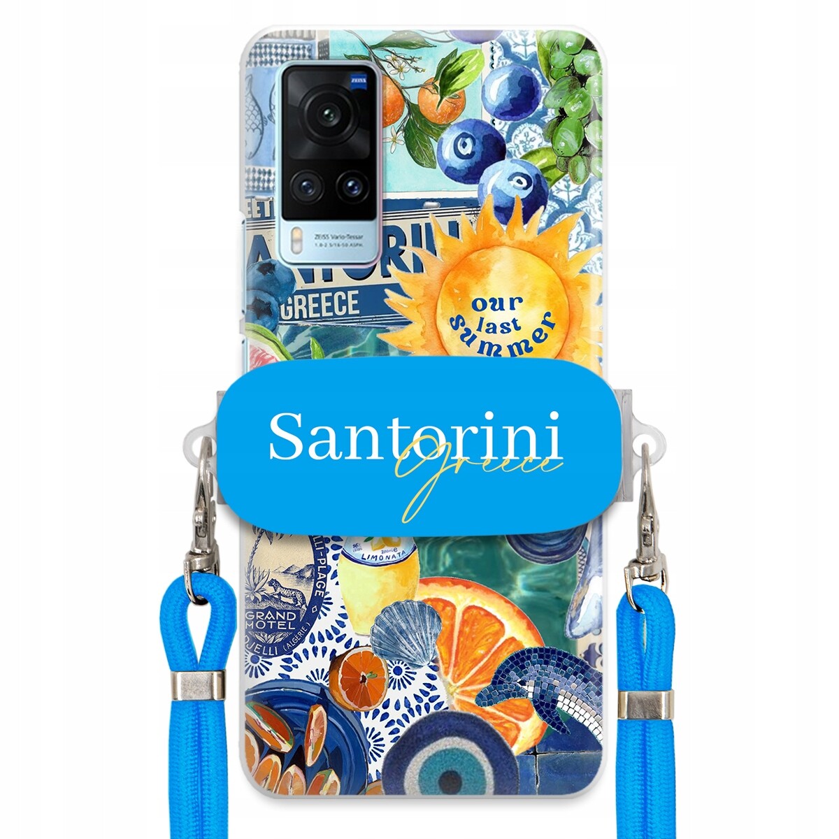 pouzdro na Vivo X60 Modré Crossbody vodítko Držák Santorini Greece Sea