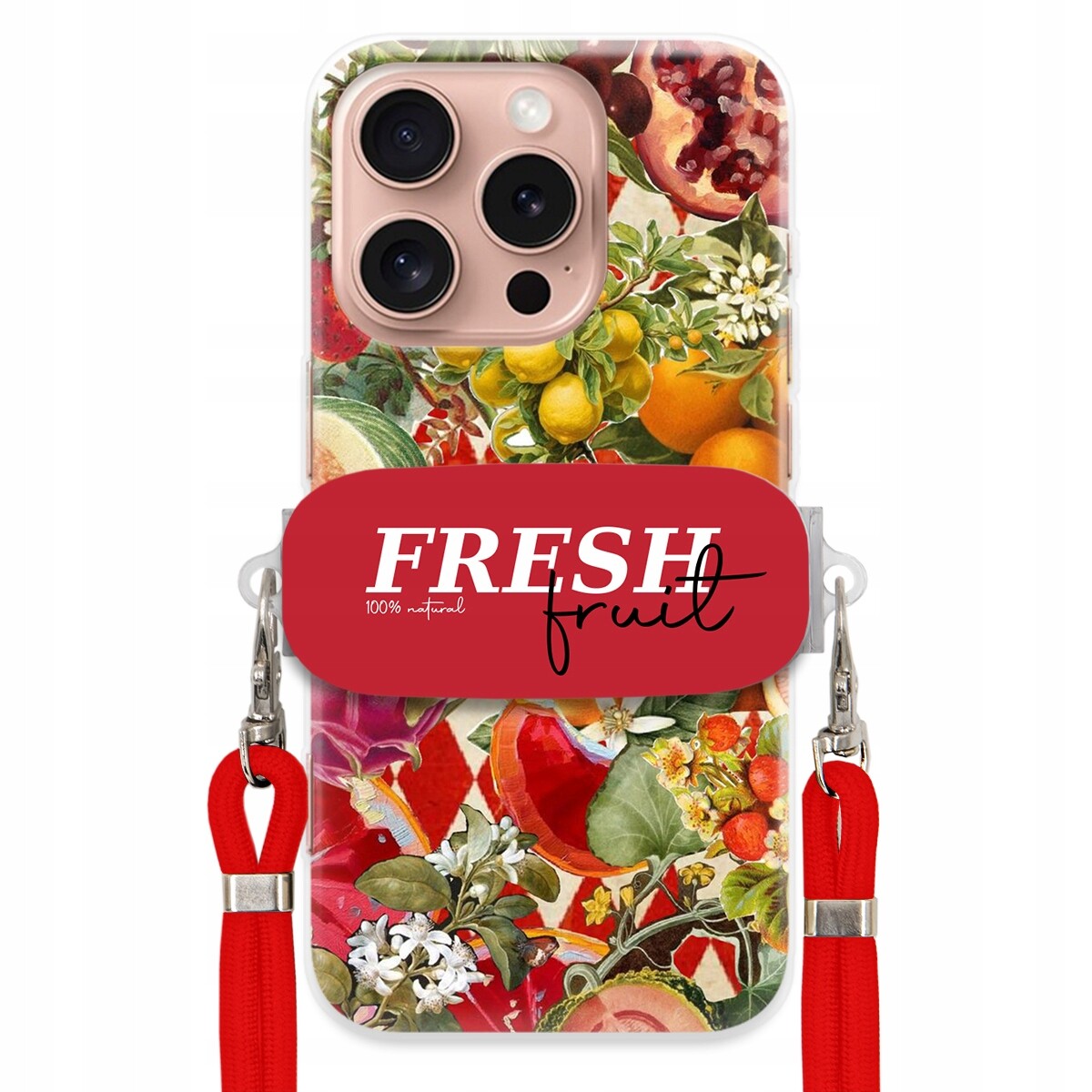 Pouzdro pro iPhone 16 Pro Červené vodítko Crossbody Držák Fresh Fruit Ovoce
