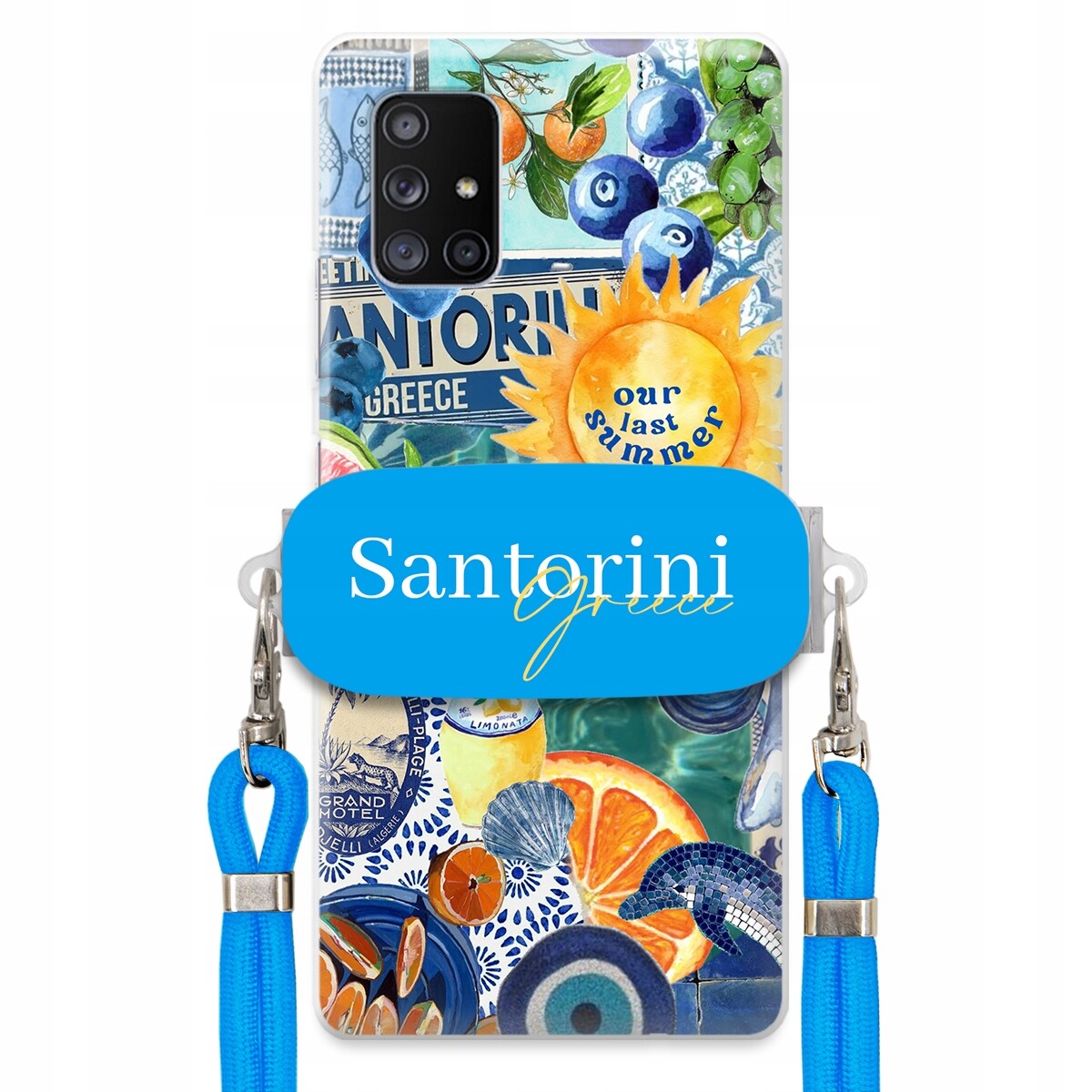 Pouzdro pro Samsung A71 5G Modré Crossbody vodítko držák Santorini Greece