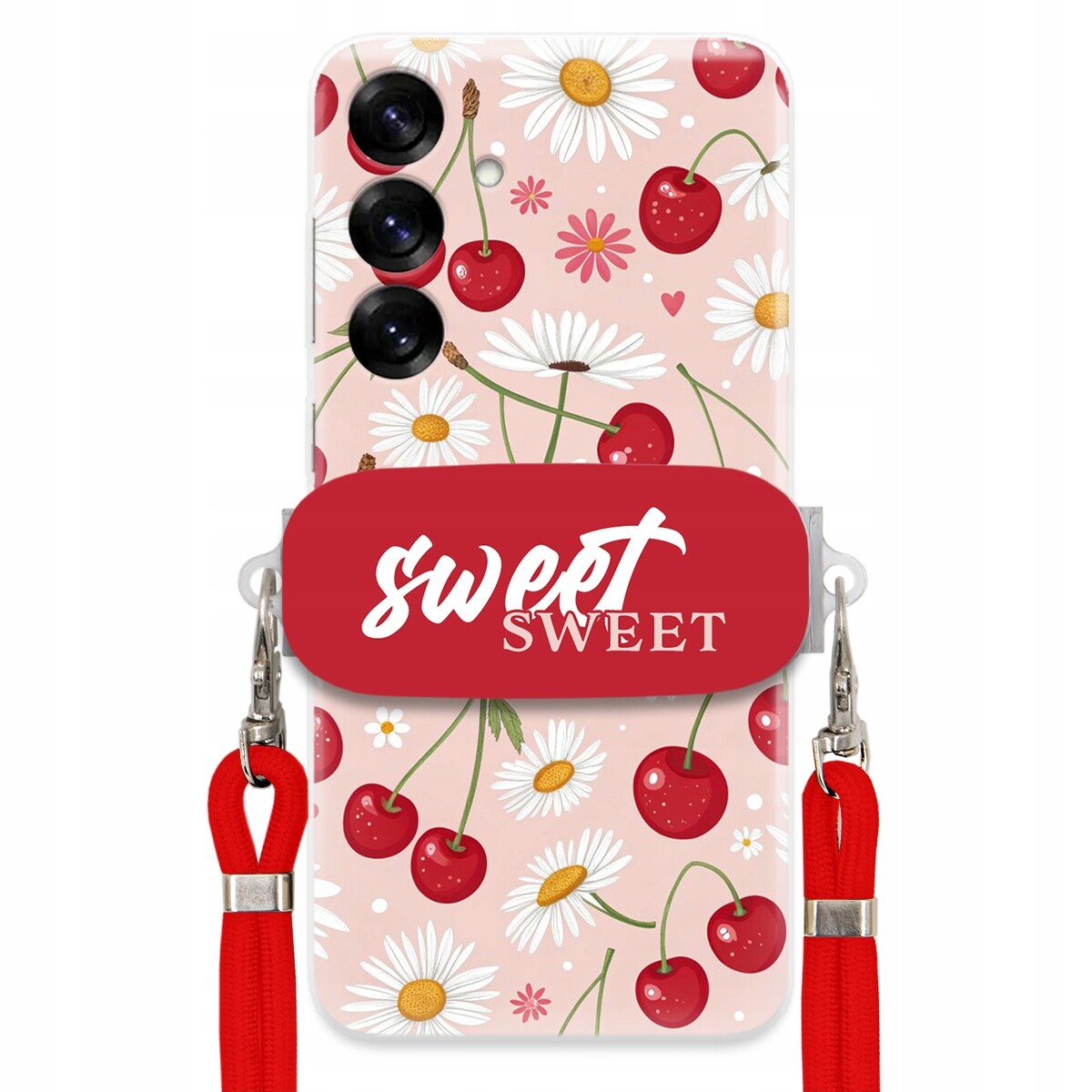 Pouzdro pro Samsung S25 Červené vodítko držák Sweet Sweet Višeň a sedmikráska