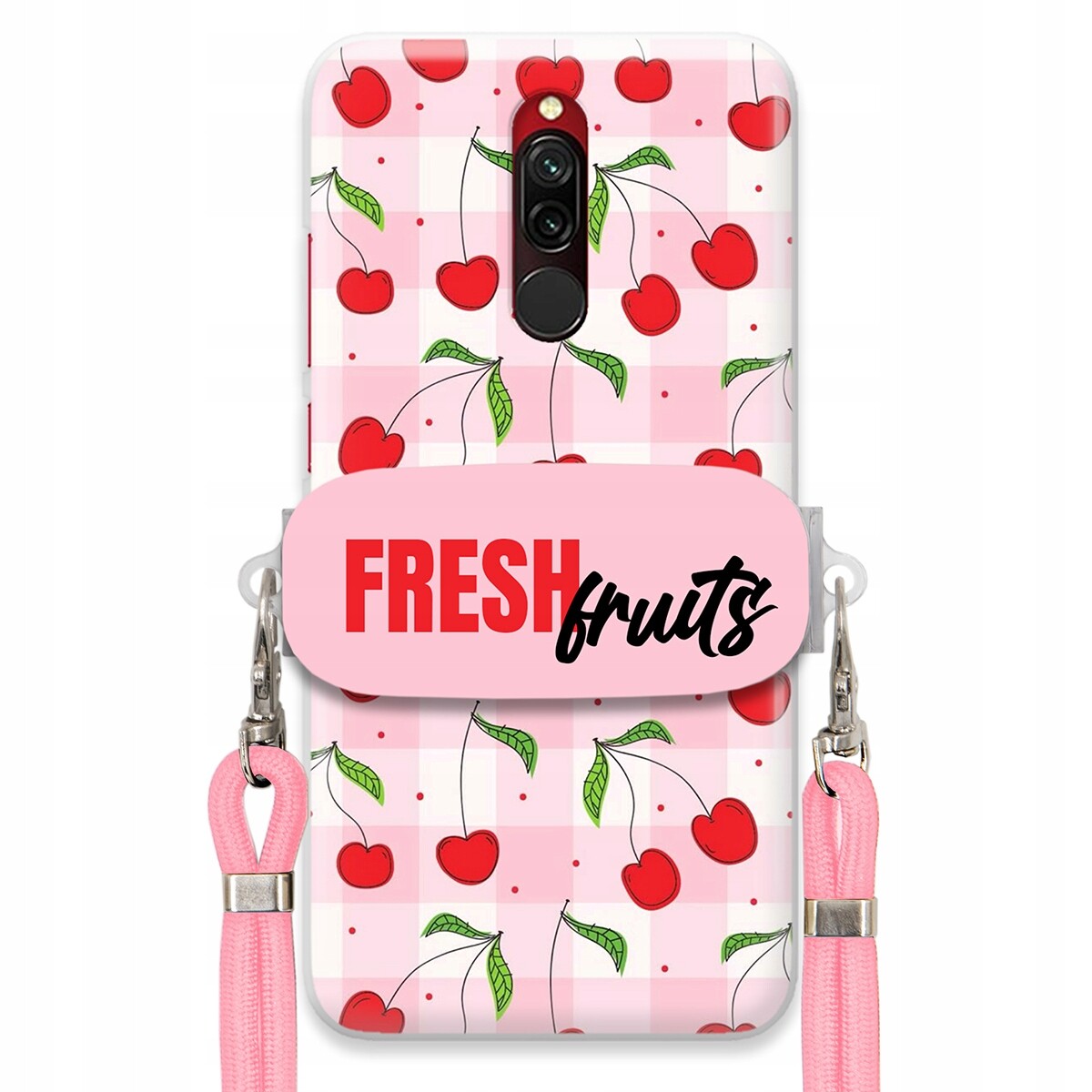 Pouzdro pro Xiaomi Redmi 8 Case Držák Šňůrka Růžová Fresh Fruits Mřížka