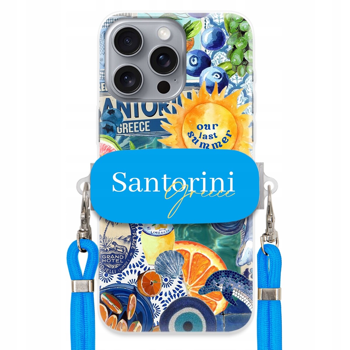 Pouzdro pro iPhone 16 Pro Max Modré Crossbody vodítko Držák Santorini Sea