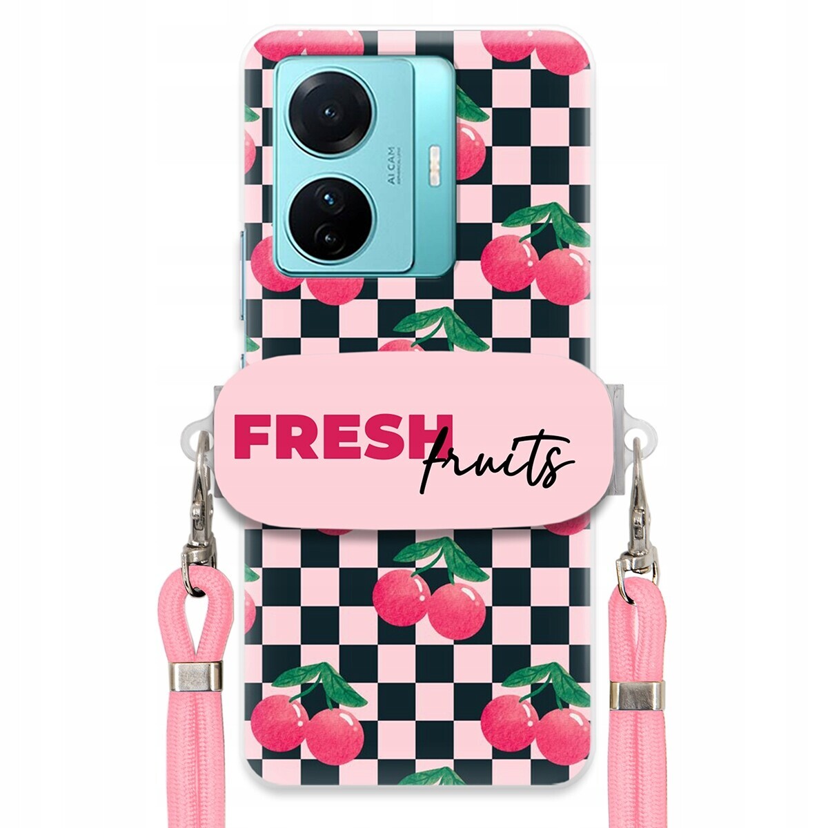 pouzdro na Vivo S15 E Vodítko Pink Crossbody Držák na šachovnici Fresh Fruits