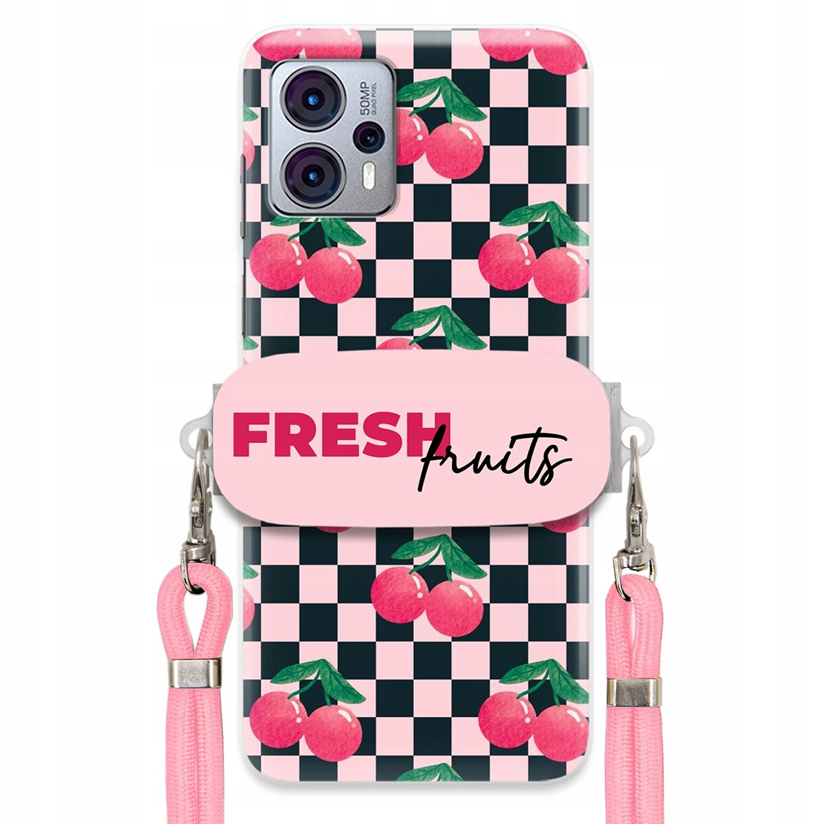 Pouzdro pro Motorola G23 Vodítko Pink Crossbody Držák na šachovnici Fresh Fruits