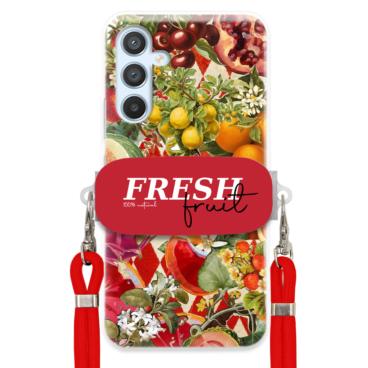 Pouzdro pro Samsung A25 5G Červené Crossbody vodítko Držák Fresh Fruit Ovoce