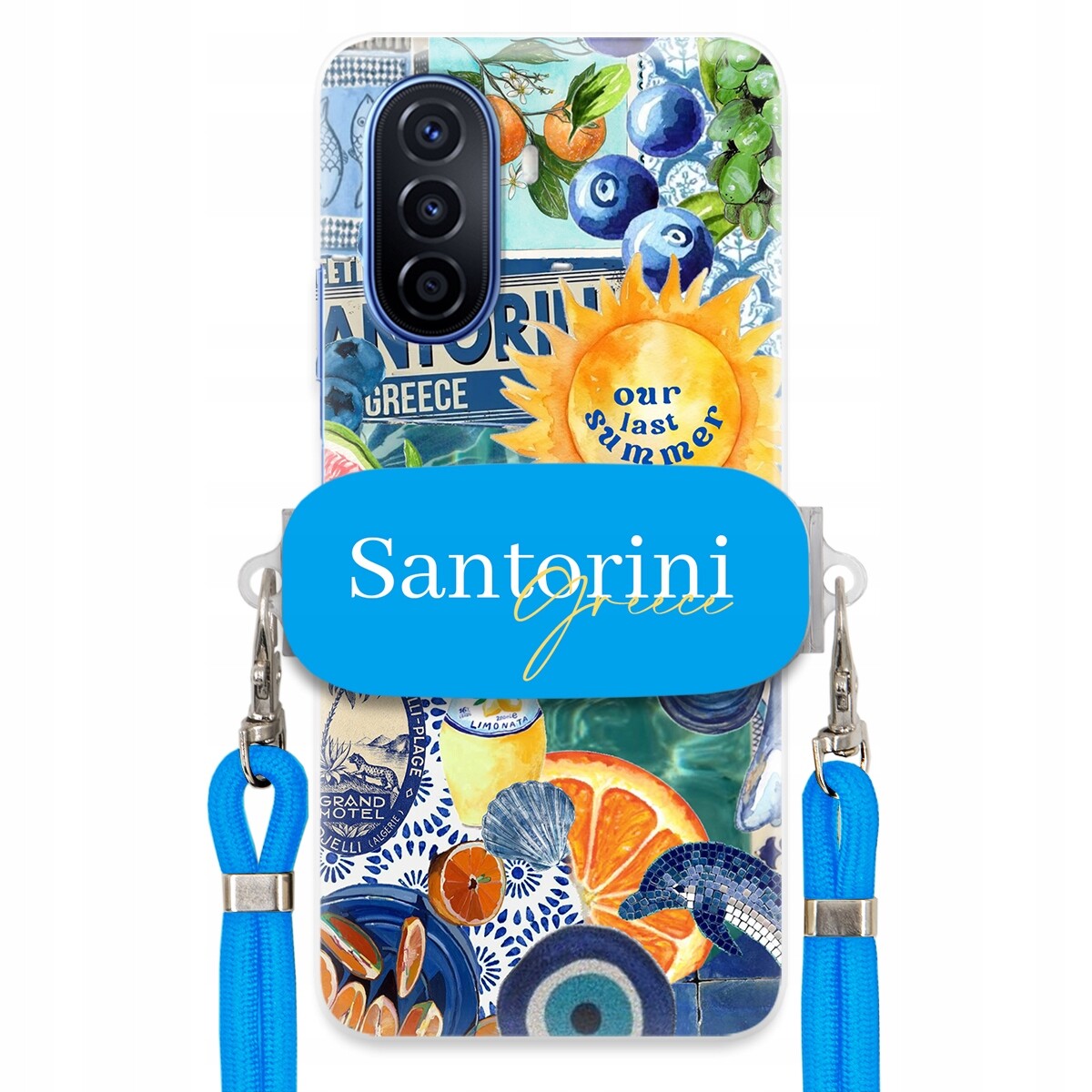 Pouzdro pro Huawei Nova Y70 Modré Crossbody vodítko držák Santorini Greece