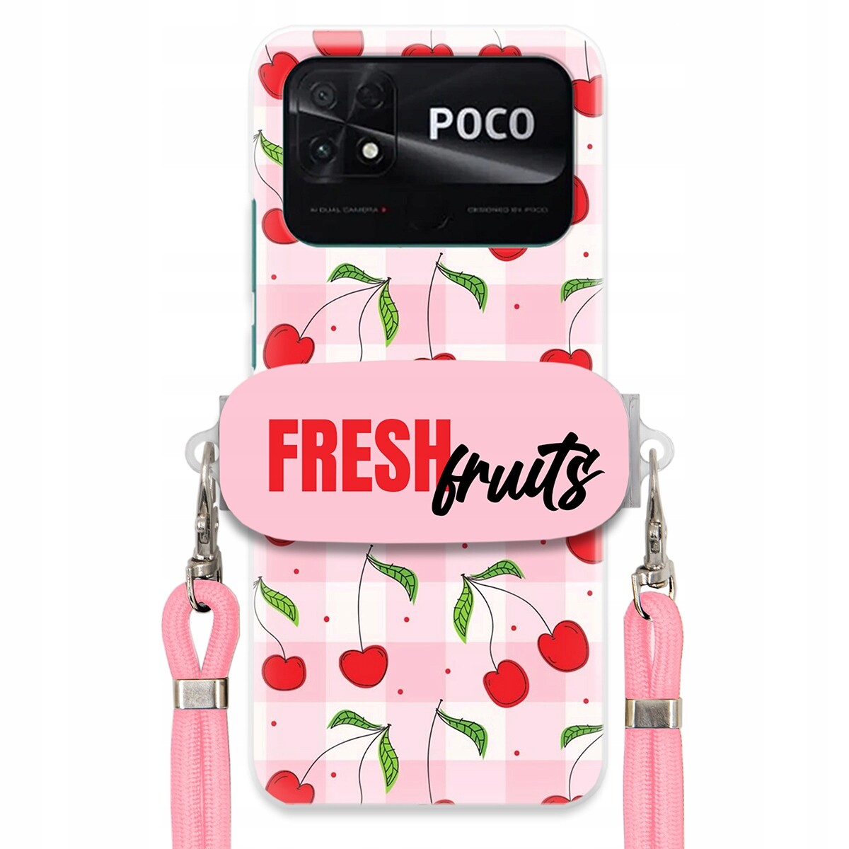 Pouzdro pro Xiaomi Poco C40 Case Držák Šňůrka Růžová Fresh Fruits Mřížka