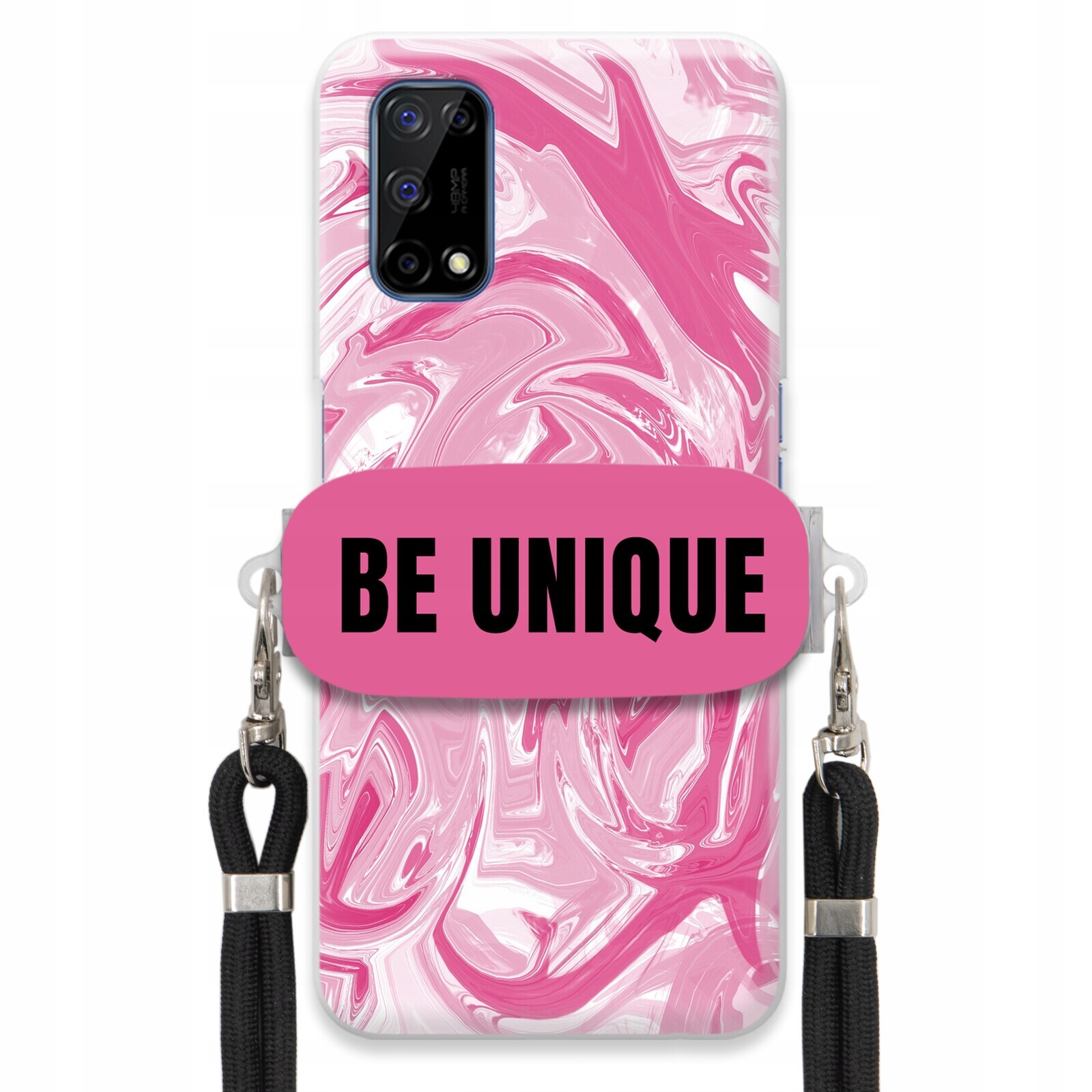Pouzdro pro Realme 7 5G úchyt šňůrka Černý Růžový Mramor Be Unique