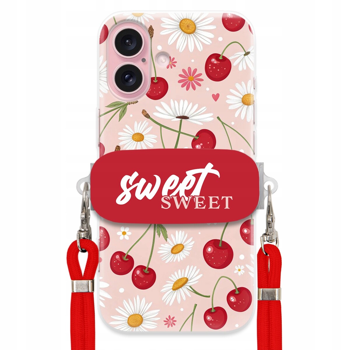 Pouzdro pro iPhone 16 Červené vodítko držák Sweet Sweet Višeň a sedmikráska