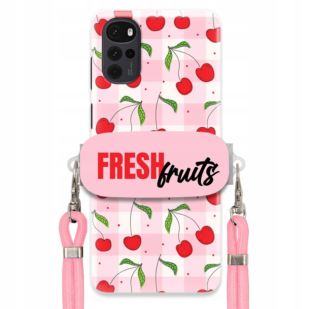 Pouzdro pro Motorola G22 4G Case Držák Šňůrka Růžová Fresh Fruits Mřížka