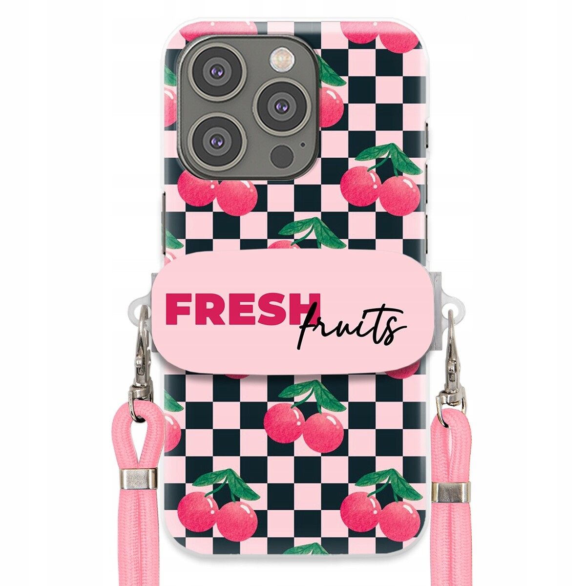 Pouzdro pro iPhone 15 Pro Růžové vodítko Funkční rukojeť Fresh Fruits Módní