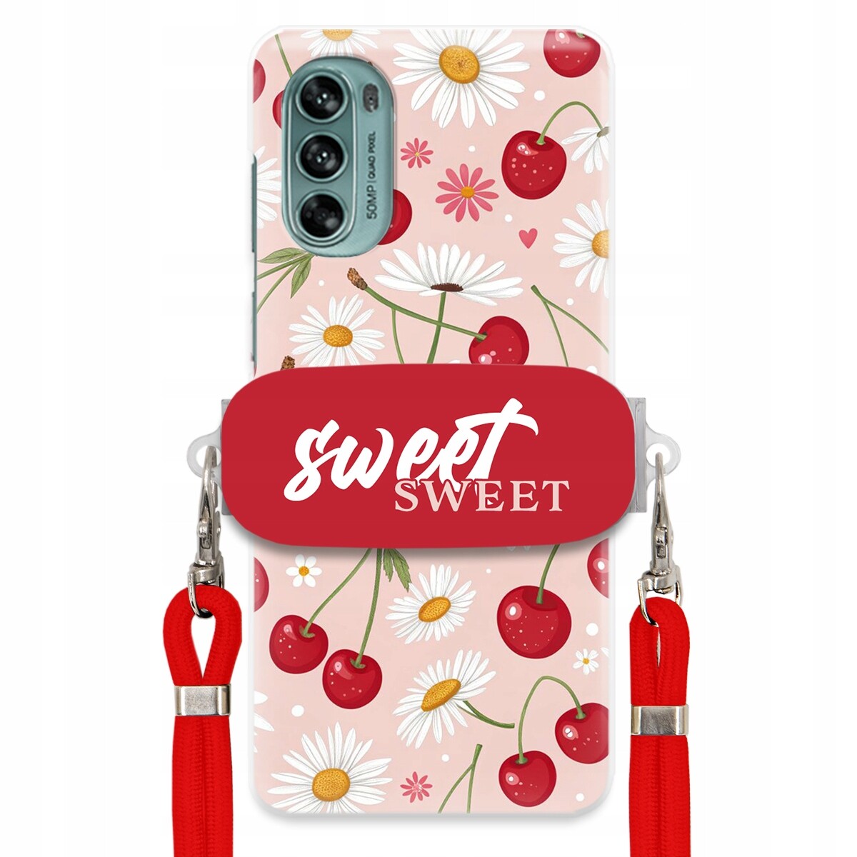 Pouzdro pro Motorola G62 5G Červené vodítko držák Crossbody Sweet Višňový Květ