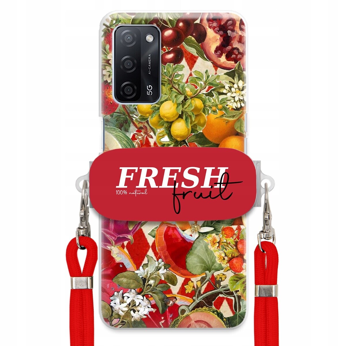 Pouzdro pro Oppo A55 5G Červené Crossbody vodítko Držák Fresh Fruit Ovocné