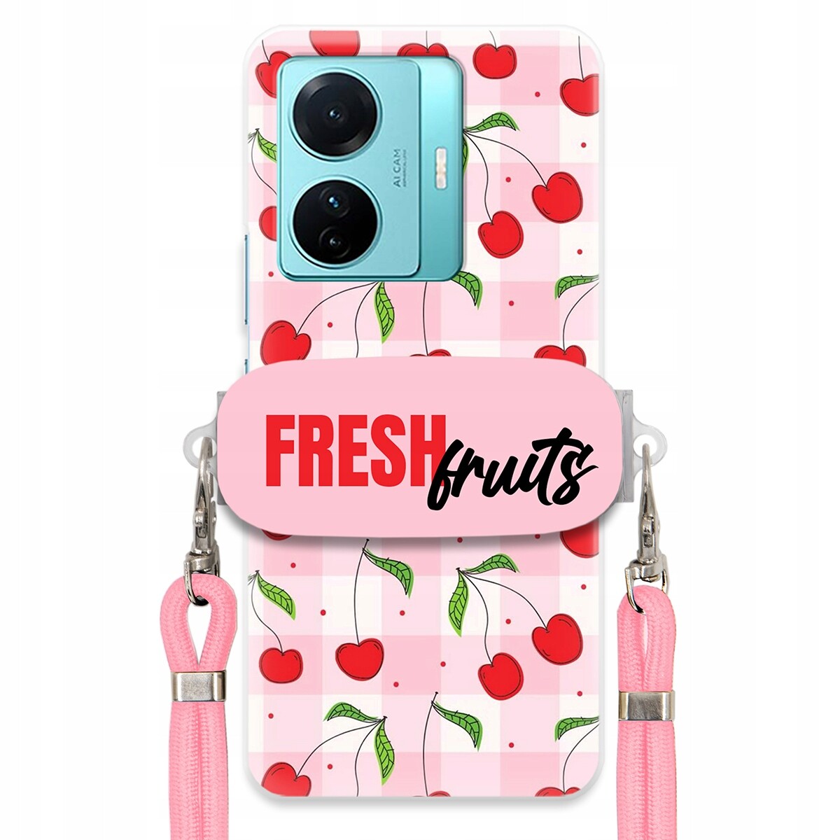 pouzdro na Vivo S15 E Case Držák Šňůrka Růžová Fresh Fruits Mřížka Ovoce
