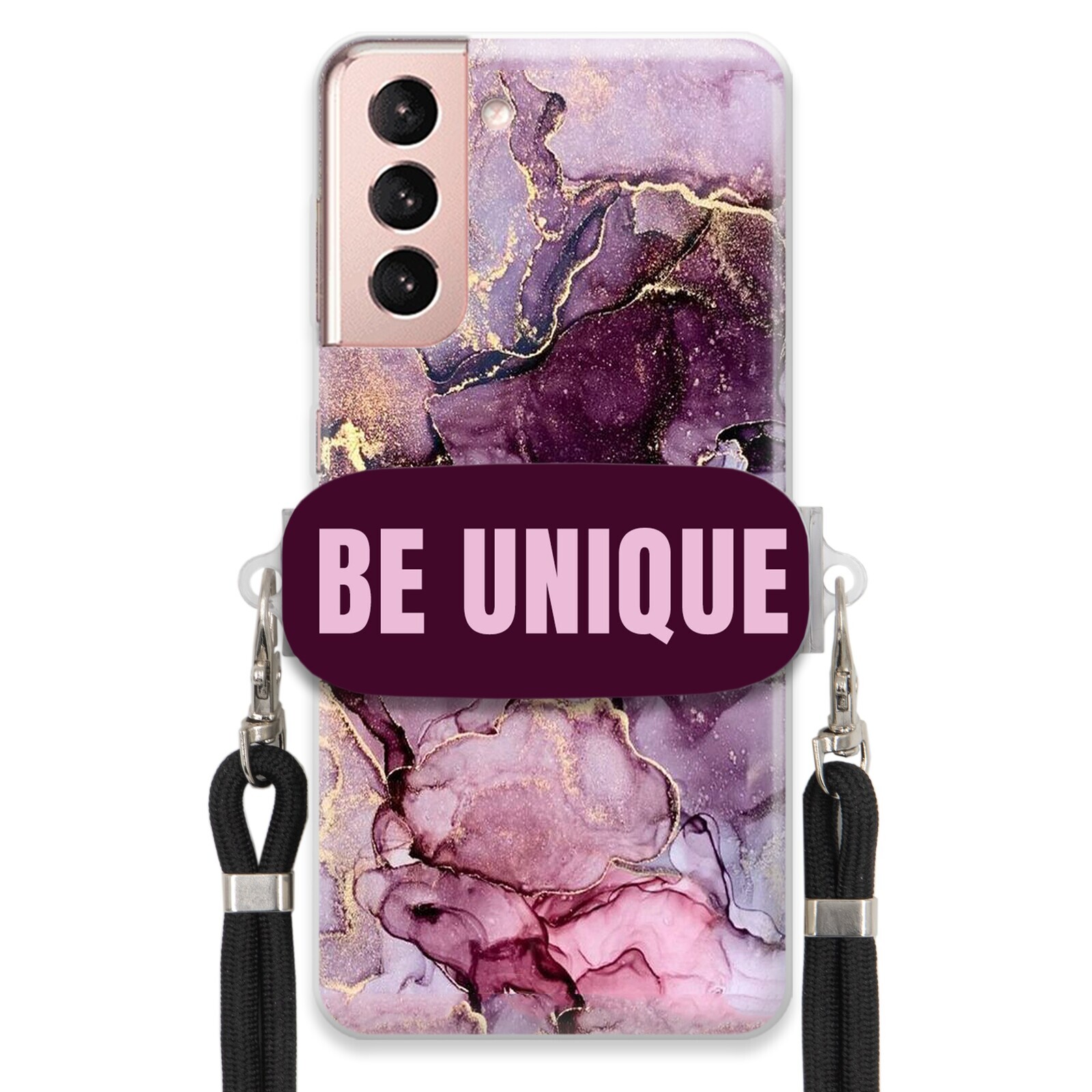 Pouzdro pro Samsung S21 5G úchytka na šňůrku Černá Fialová Mramor Be Unique