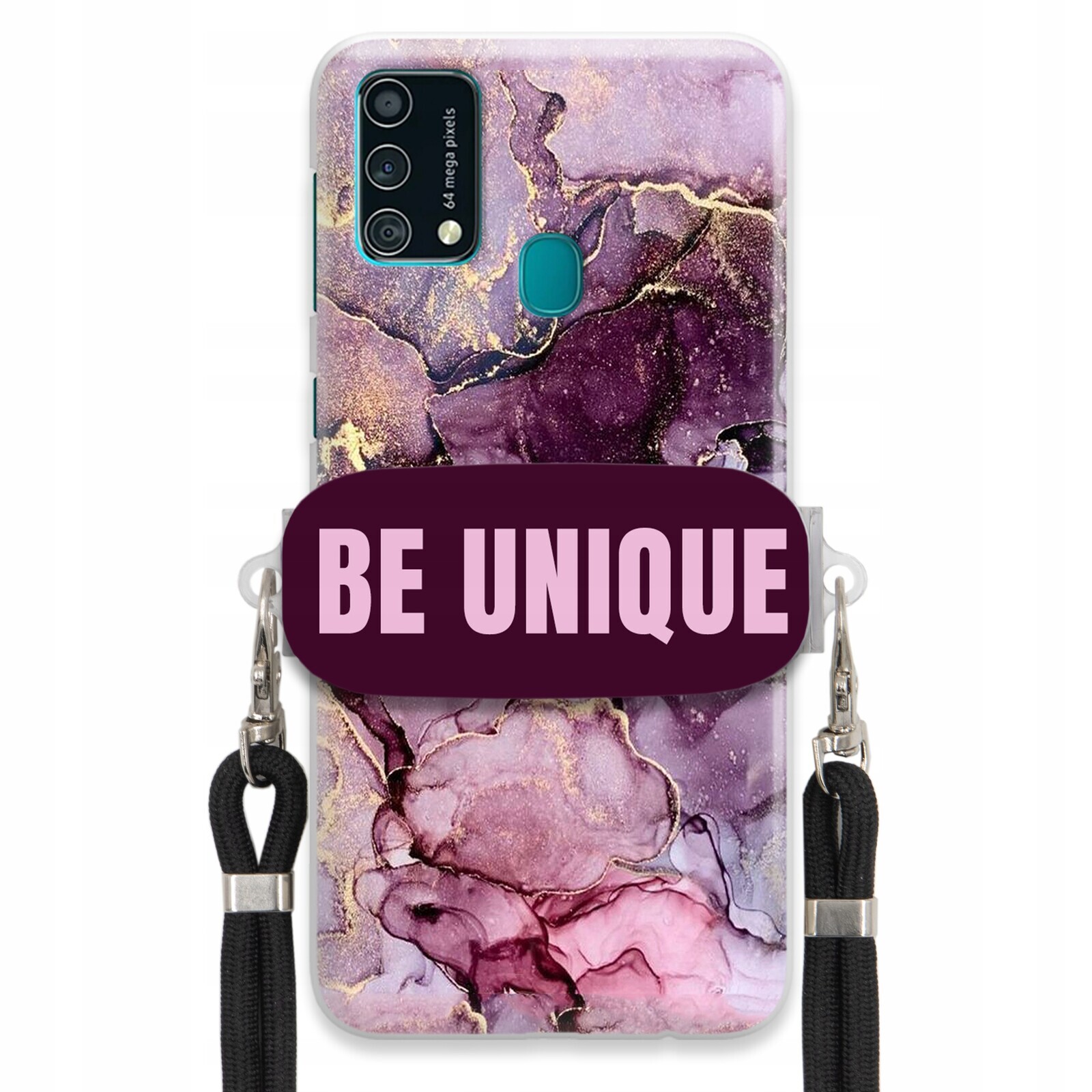 Pouzdro pro Samsung F41 Case úchytka na šňůrku, černá fialová, mramorová