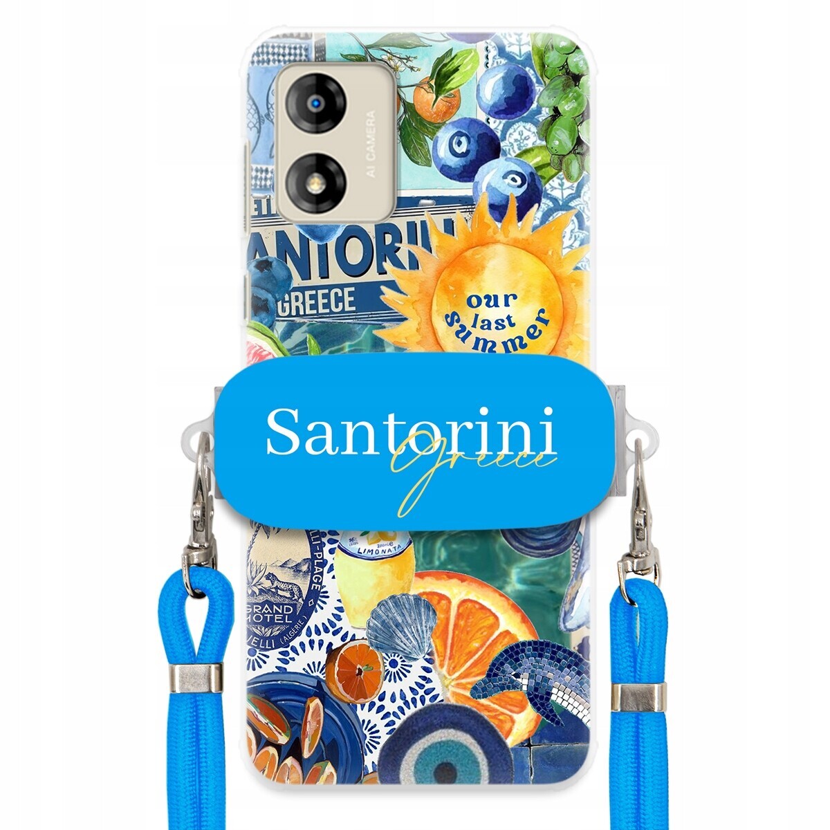 Pouzdro pro Motorola E13 Modré Crossbody vodítko Držák Santorini Sea Vibes