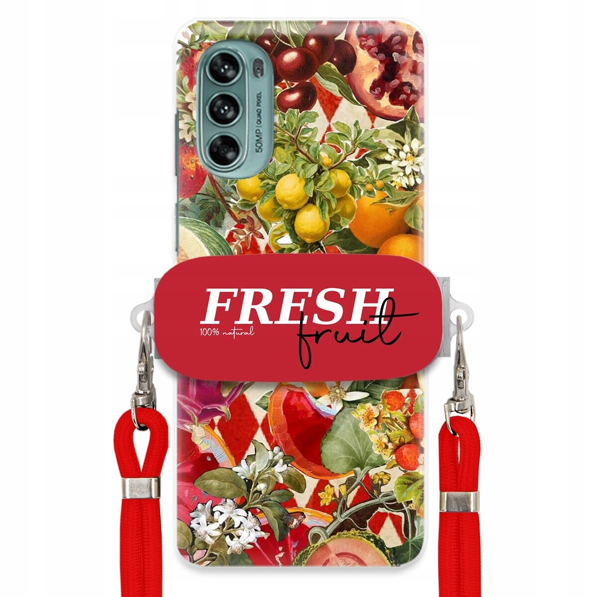 Pouzdro pro Motorola G62 5G Červené Crossbody vodítko Držák Fresh Fruit Ovoce