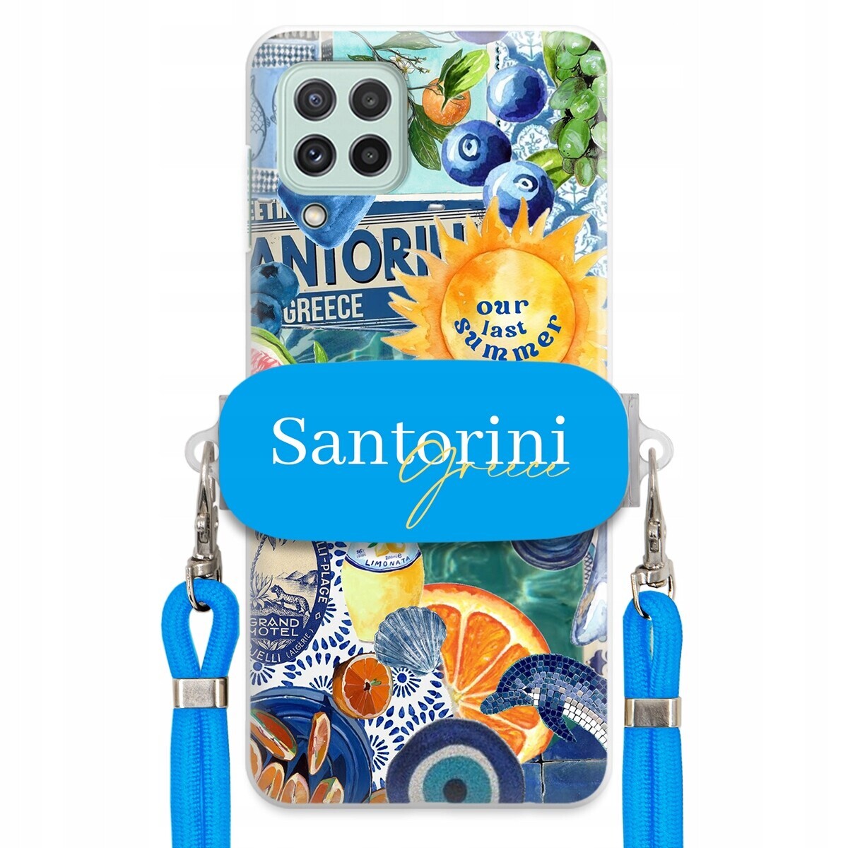 Pouzdro pro Samsung A22 5G Modré Crossbody vodítko držák Santorini Greece