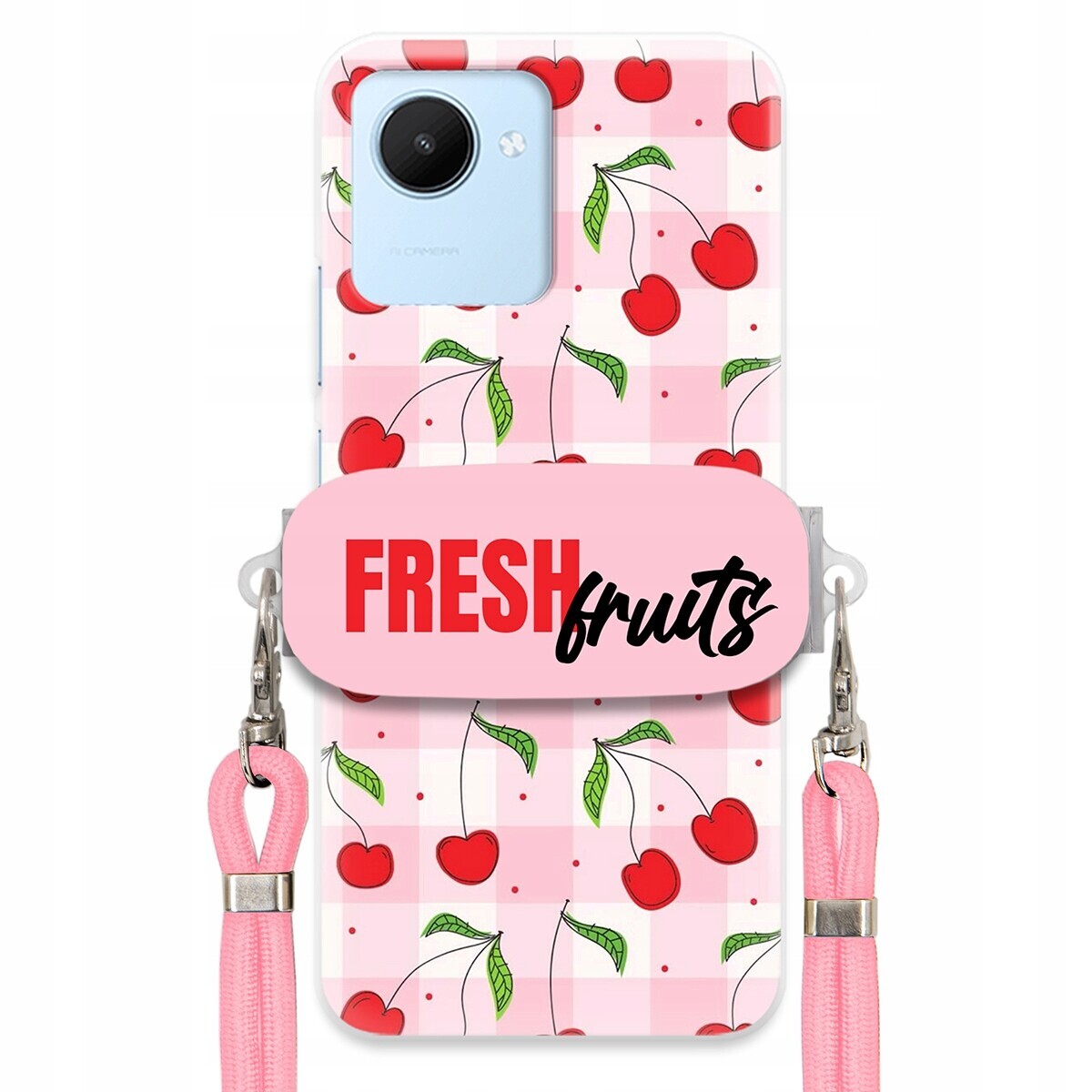 Pouzdro pro Realme C30 Case Držák Šňůrka Růžová Fresh Fruits Mřížka Ovoce