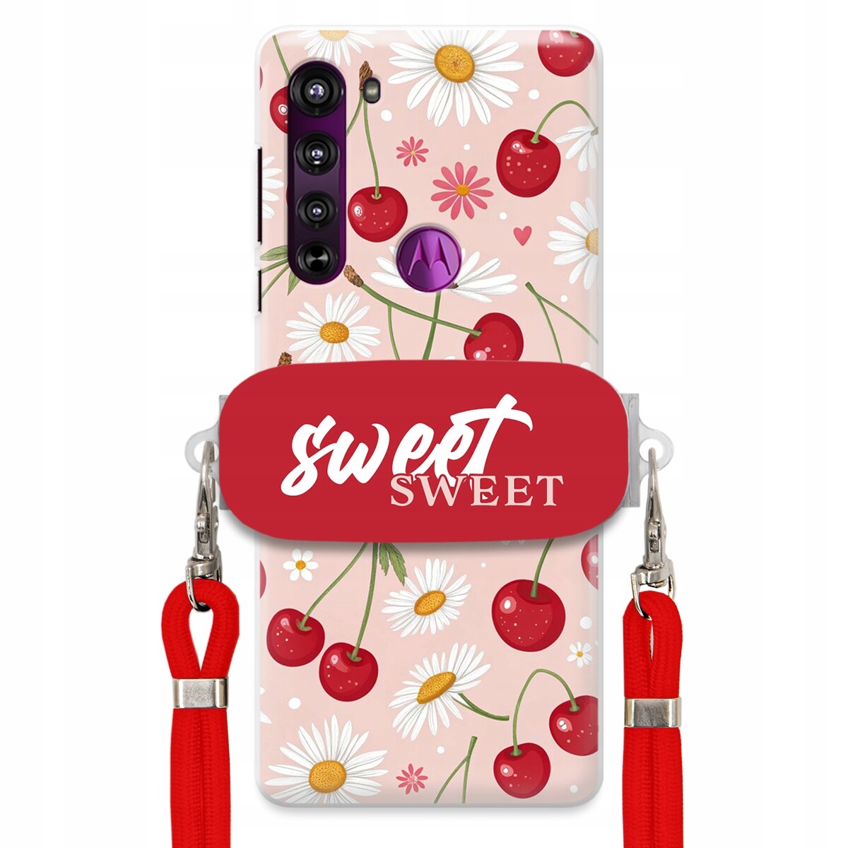 Pouzdro pro Motorola Edge Červené vodítko držák Crossbody Sweet Višňový Květ
