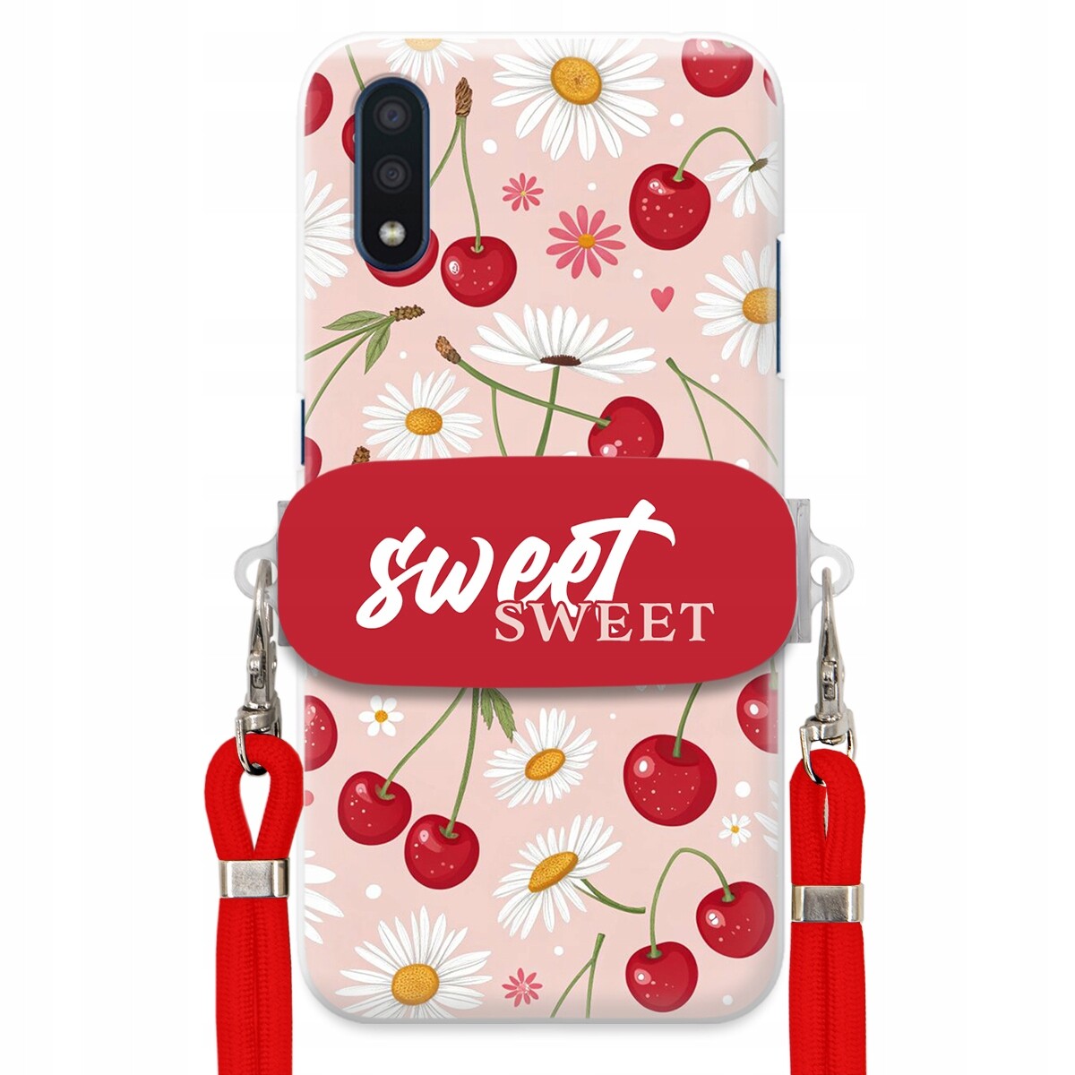 Pouzdro pro Samsung A01 Červené vodítko držák Sweet Sweet Višeň a sedmikráska