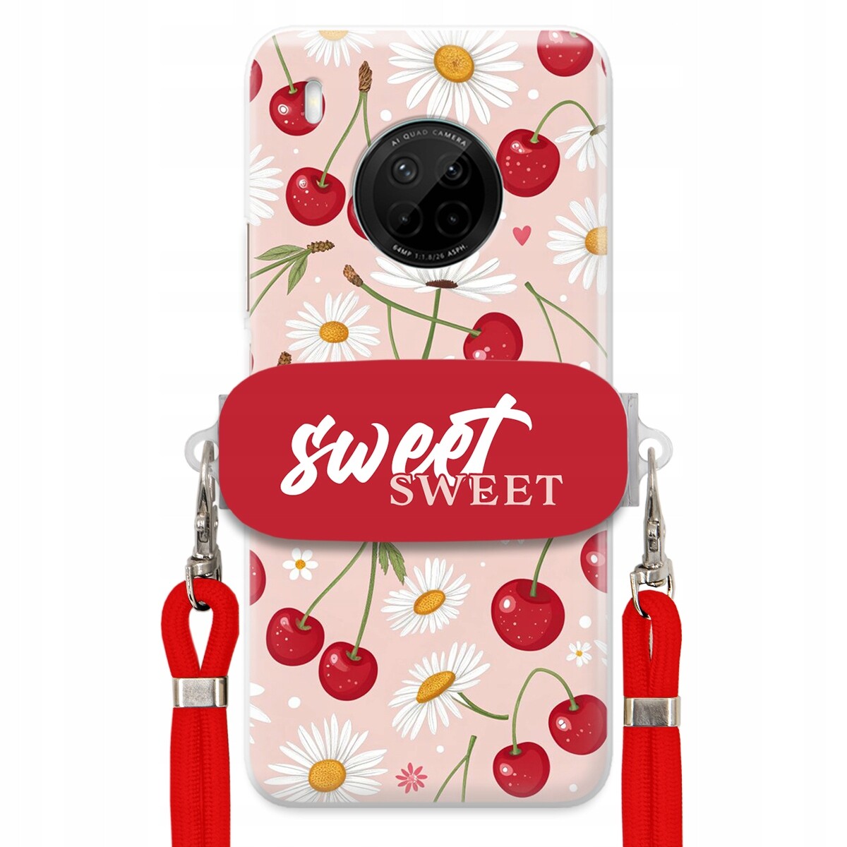 Pouzdro pro Huawei Y9a Červené vodítko držák Sweet Sweet Višeň a sedmikráska