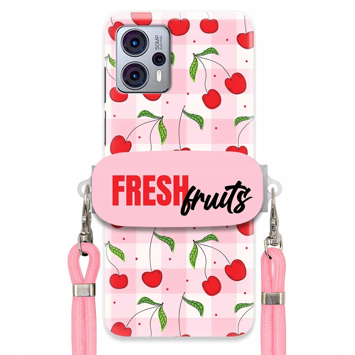 Pouzdro pro Motorola G23 Case Držák Šňůrka Růžová Fresh Fruits Mřížka Ovoce