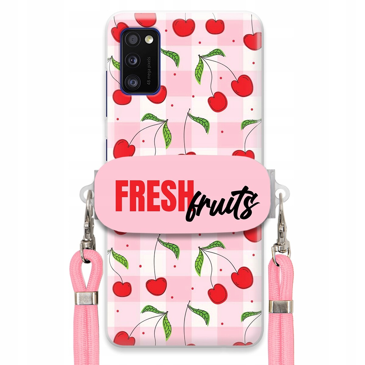 Pouzdro pro Samsung A41 Case Držák Šňůrka Růžová Fresh Fruits Mřížka Ovoce