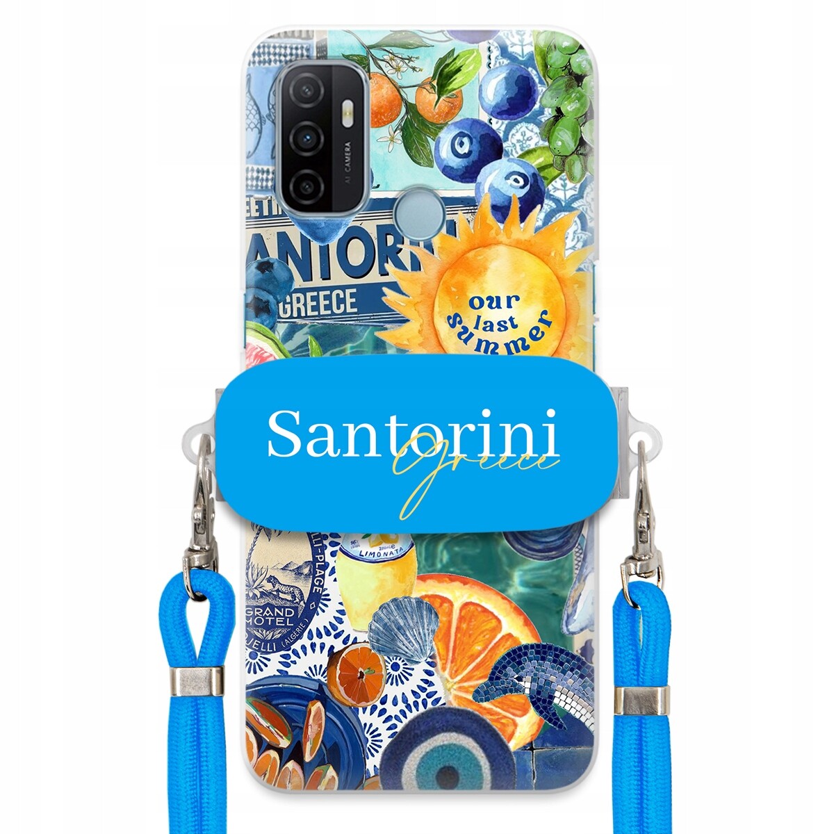Pouzdro pro Oppo A53 Modré Crossbody vodítko držák Santorini Greece Sea
