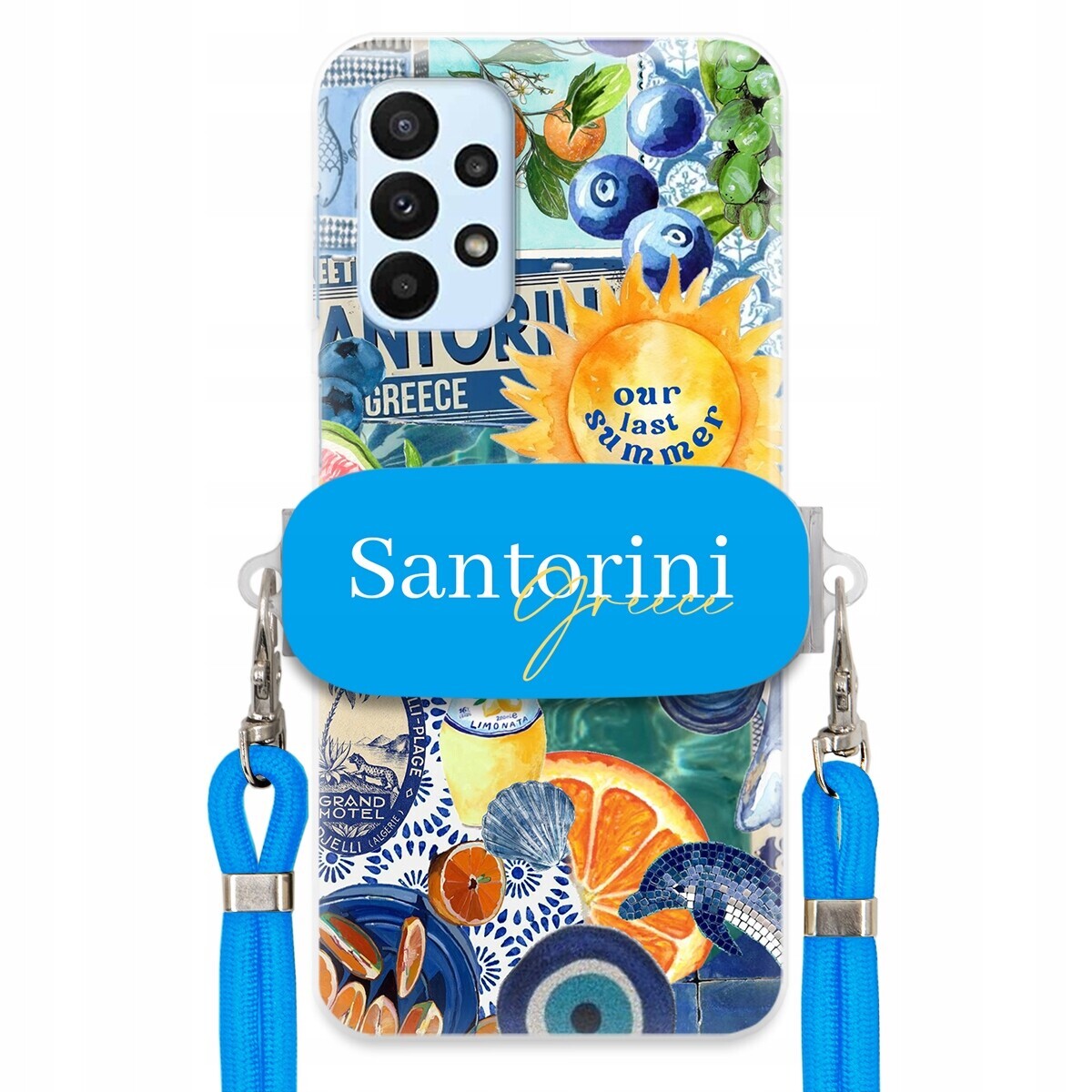 Pouzdro pro Samsung A23 4G Modré Crossbody vodítko držák Santorini Greece