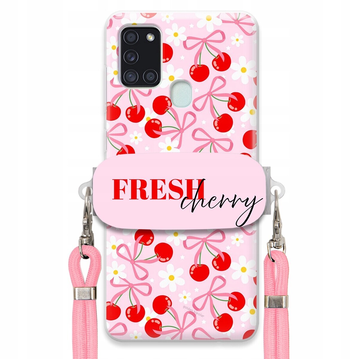 Pouzdro pro Samsung A21s Case Držák Šňůrka Růžová Fresh Cherry Kokardy