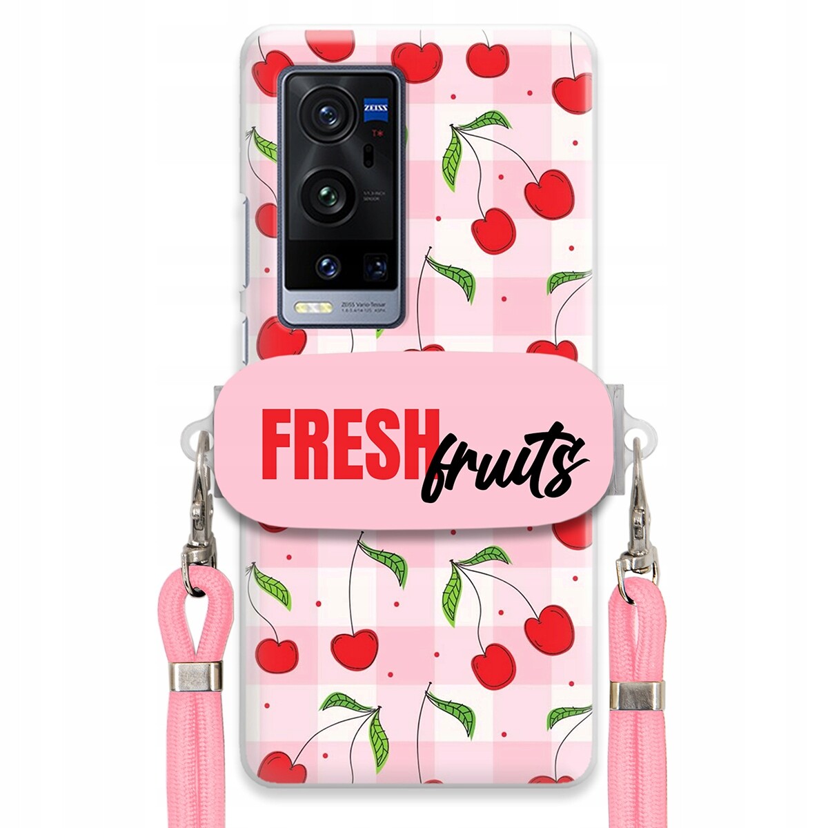pouzdro na Vivo X60 Pro Plus Case Držák Šňůrka Růžová Fresh Fruits Mřížka