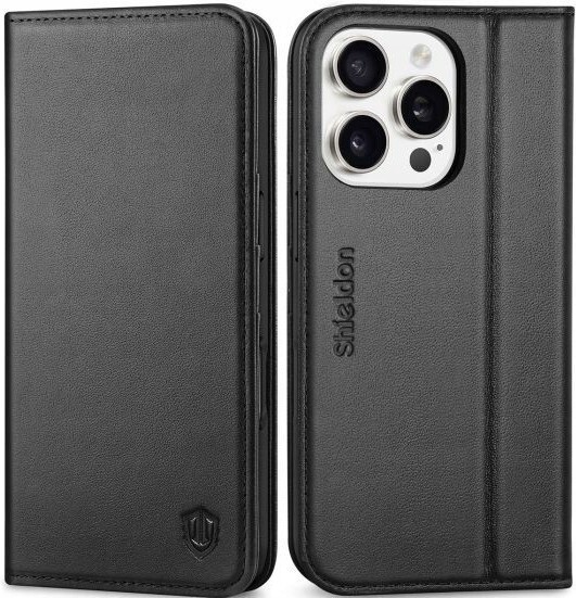 Pouzdro s klopou Kožená peněženka Shieldon pro Apple iPhone 16 Pro, černá