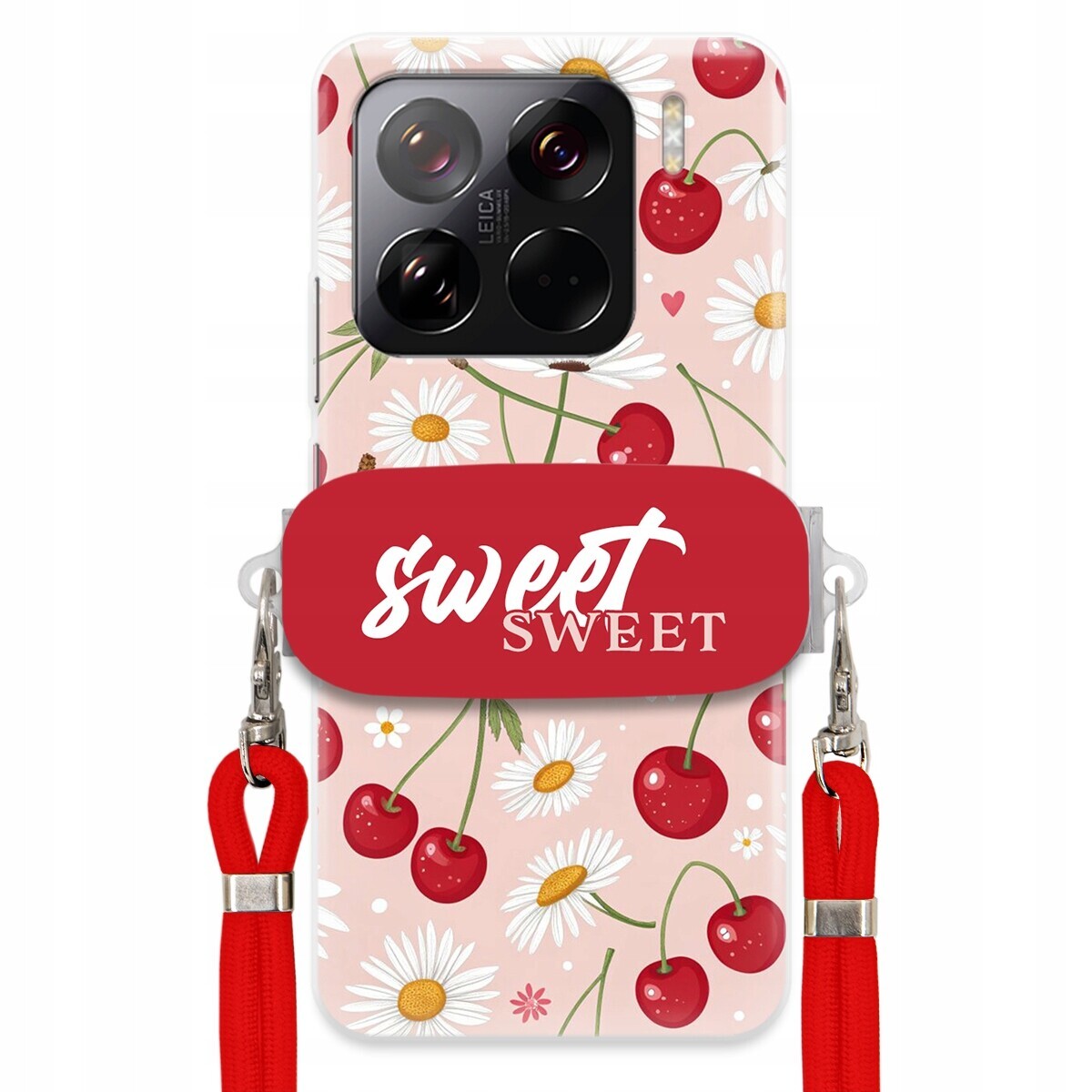 Pouzdro pro Xiaomi 15 Pro Červené vodítko držák Crossbody Sweet Višňový Květ