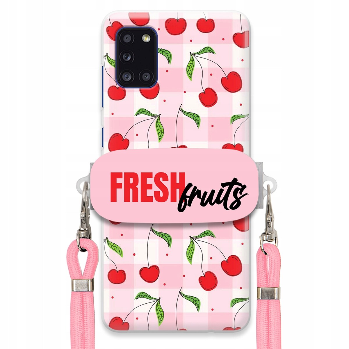 Pouzdro pro Samsung A31 Case Držák Šňůrka Růžová Fresh Fruits Mřížka Ovoce