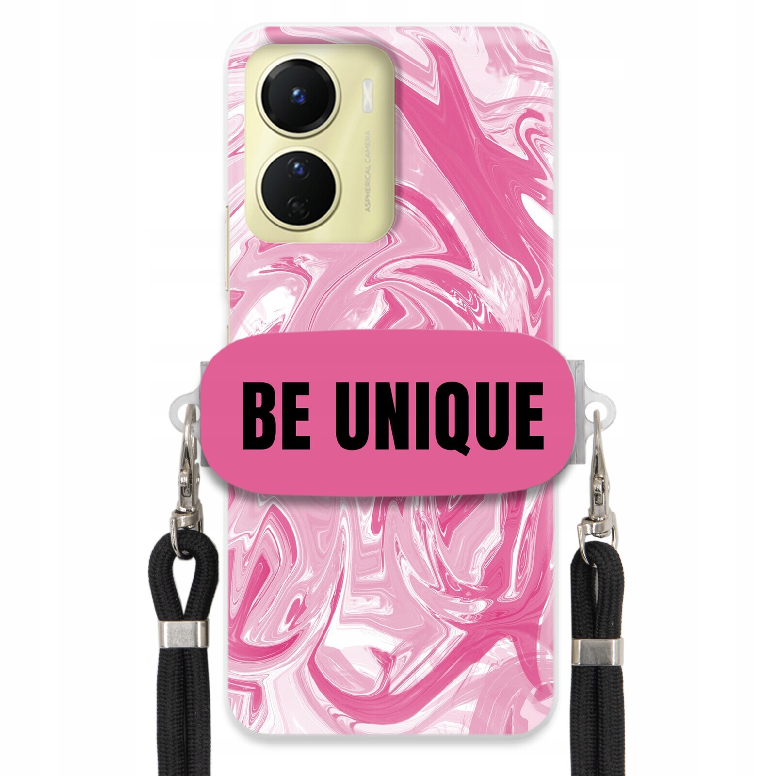 pouzdro na Vivo Y16 4G Case Uchyt Šňůrka Černý Růžový Mramor Be Unique