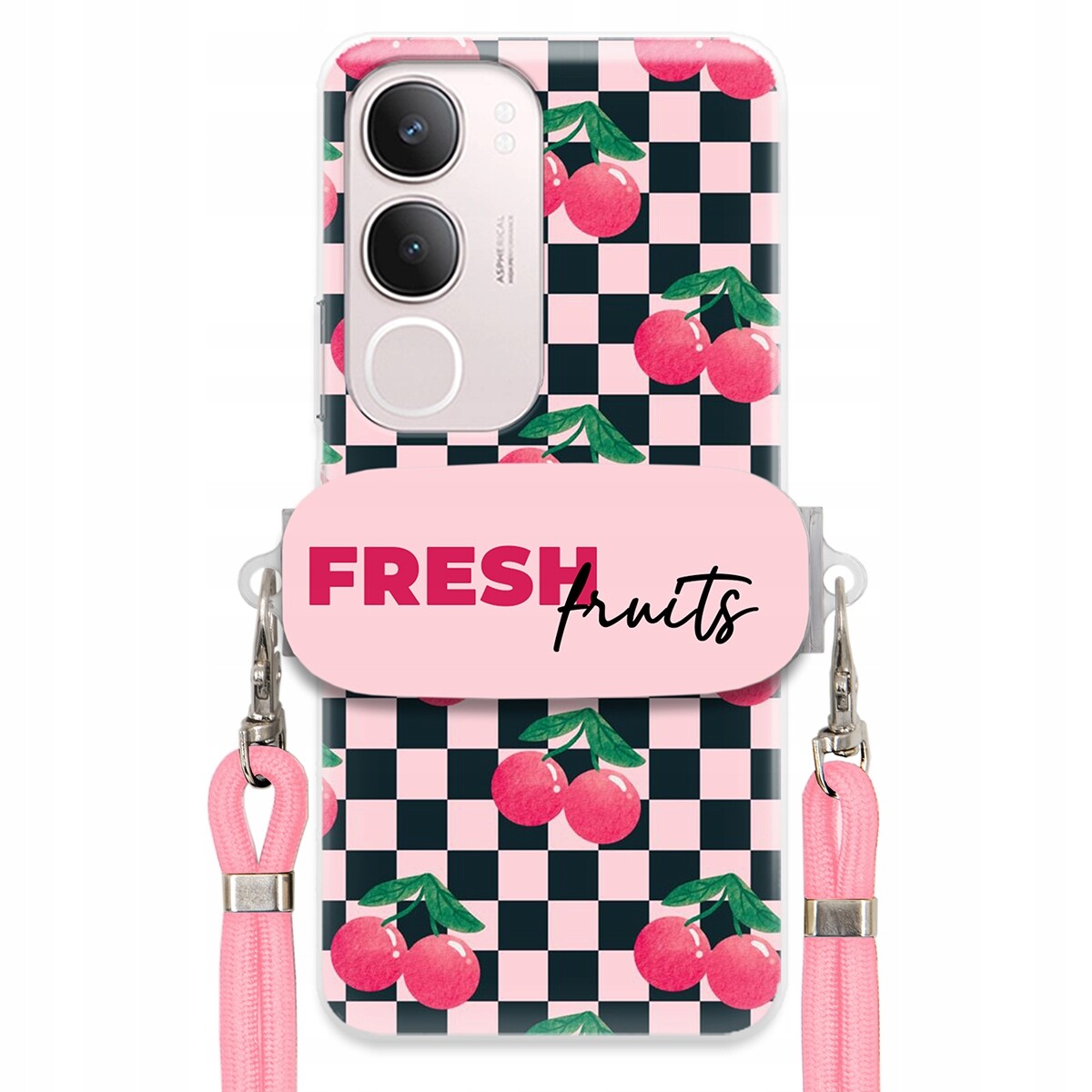 pouzdro na Vivo Y19S 4G Vodítko Pink Crossbody Držák Šachovnice Fresh Fruits