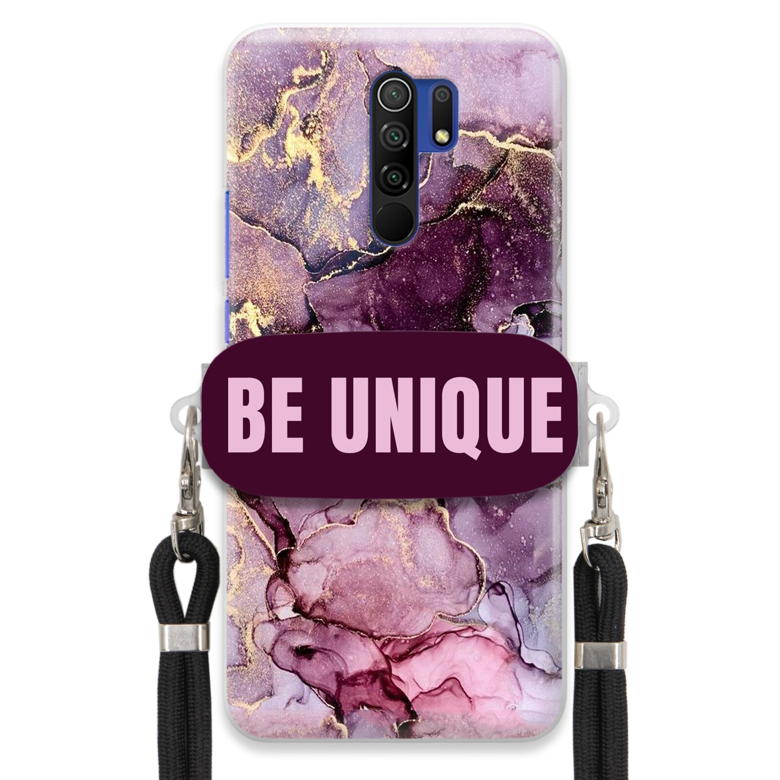 Pouzdro pro Xiaomi Redmi 9 úchytka na šňůrku Černá Fialová Mramor Be Unique