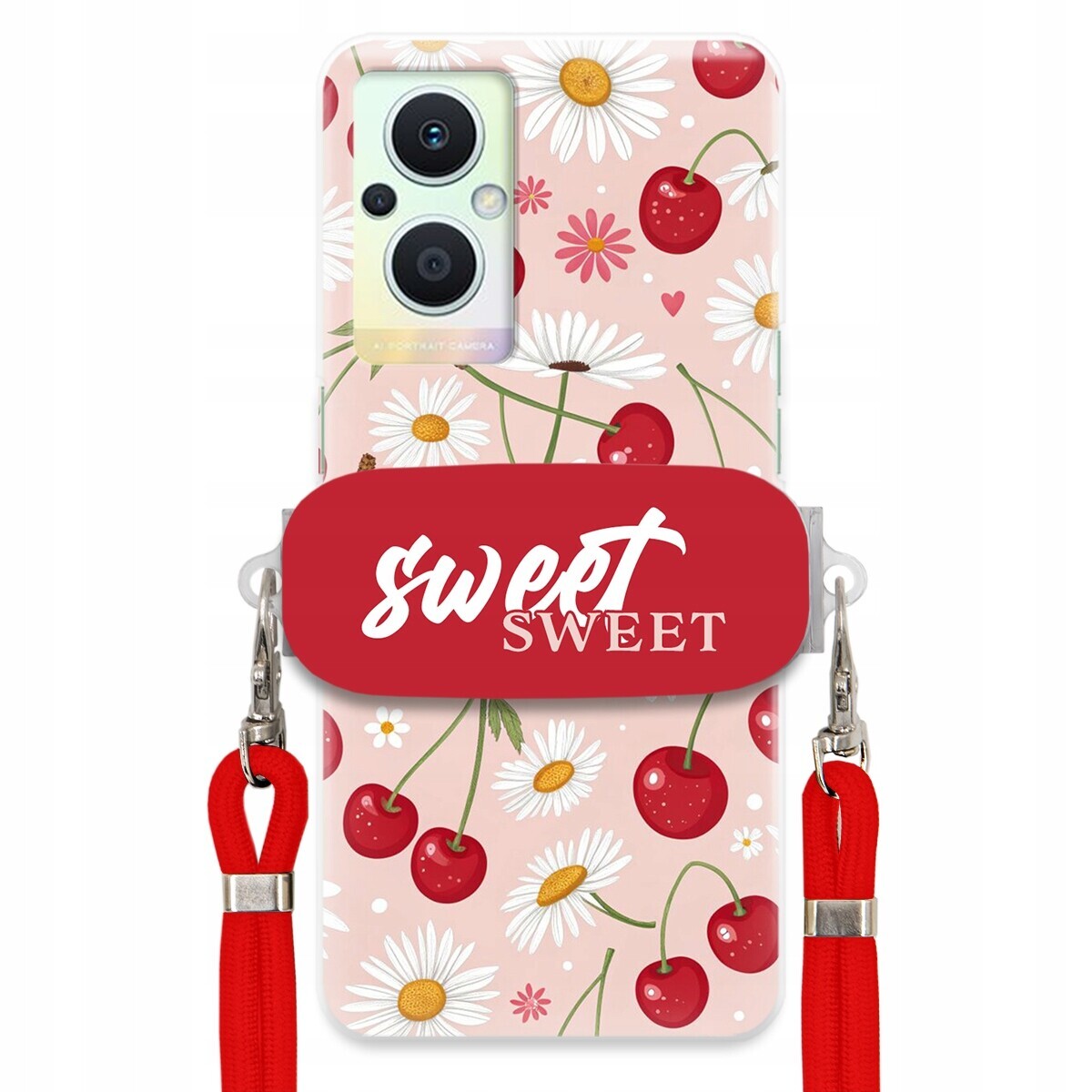 Pouzdro pro Oppo Reno 8 Lite Červené vodítko držák Sweet Sweet Višňový Květ