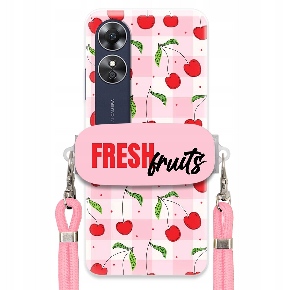 Pouzdro pro Oppo A17 Case Držák Šňůrka Růžová Fresh Fruits Mřížka Ovoce