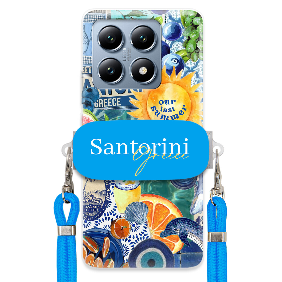 Pouzdro pro Xiaomi 14T Modré Crossbody vodítko Držák Santorini Sea Vibes