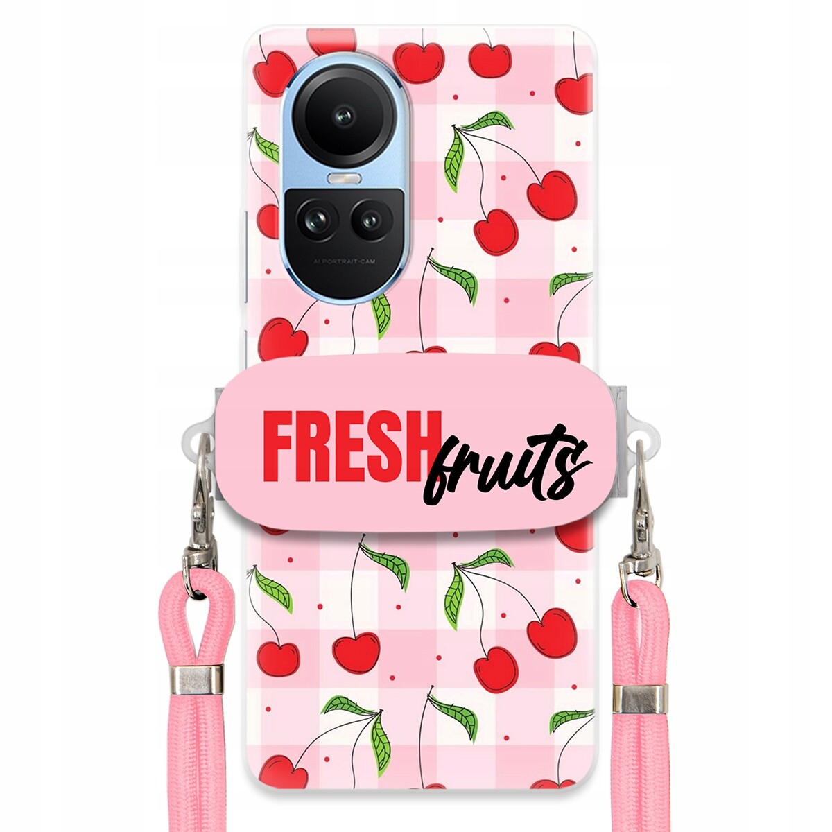 Pouzdro pro Oppo Reno 10 5G Case Držák Šňůrka Růžová Fresh Fruits Mřížka