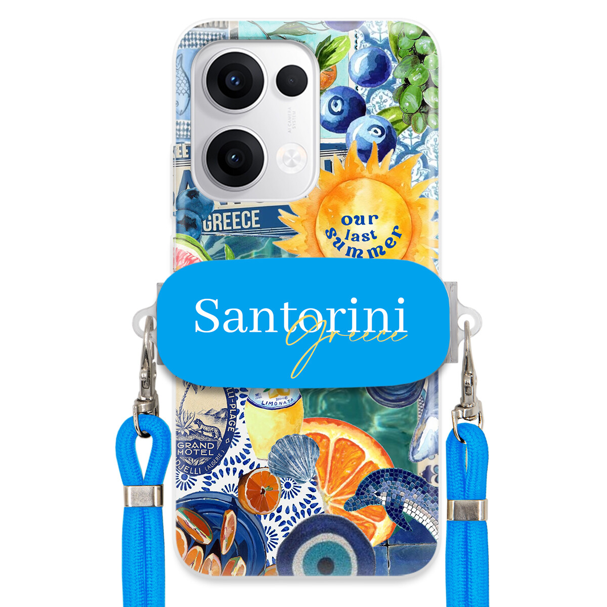 Pouzdro pro Oppo Reno 13 5G Modré Crossbody vodítko Držák Santorini Greece