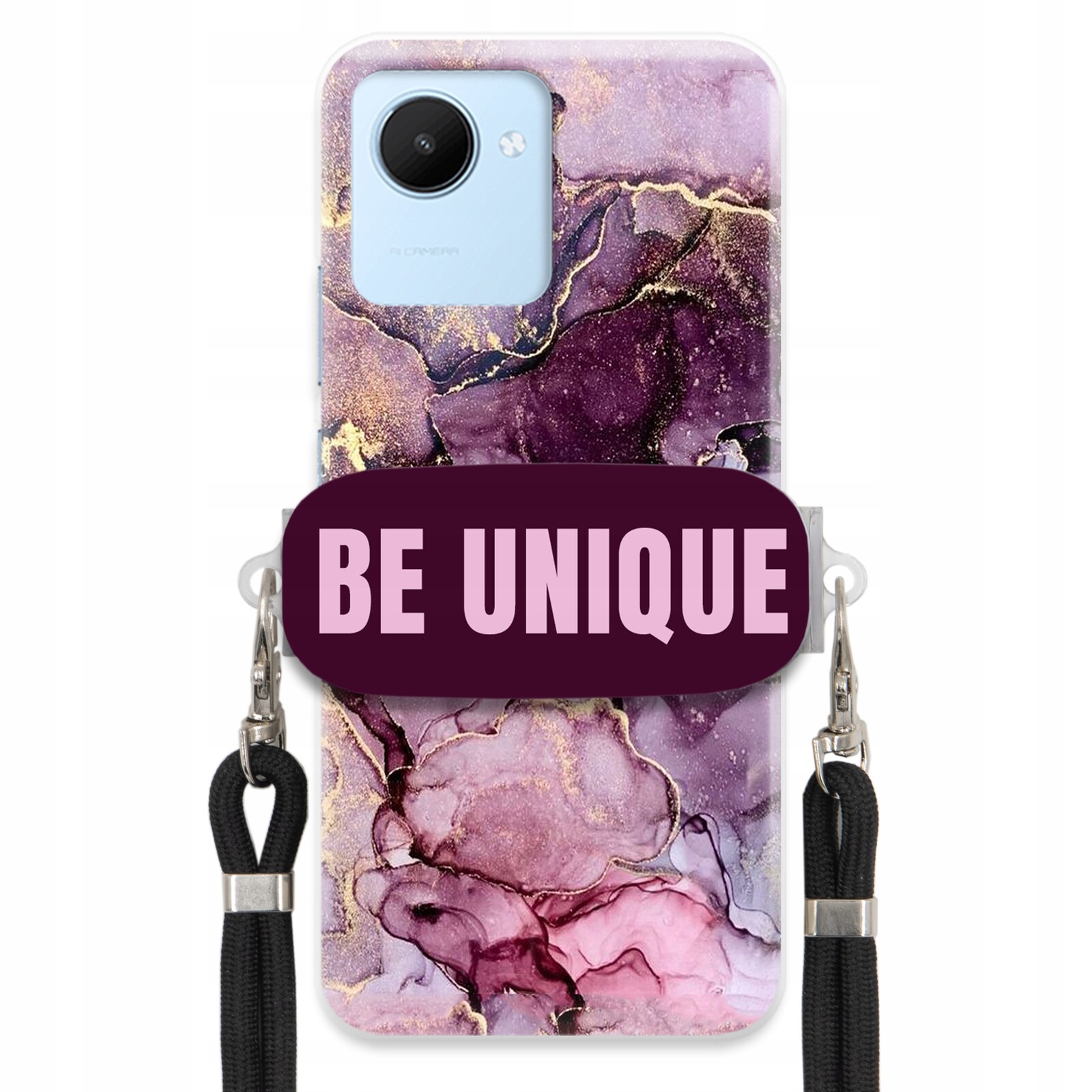 Pouzdro pro Realme C30 Case úchytka na šňůrku, černý fialový mramor