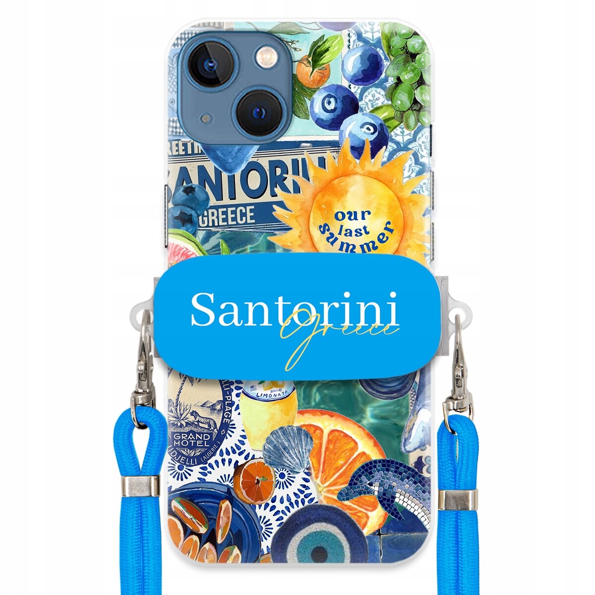 Pouzdro pro iPhone 14 Modré vodítko Crossbody Držák Santorini Sea Vibes