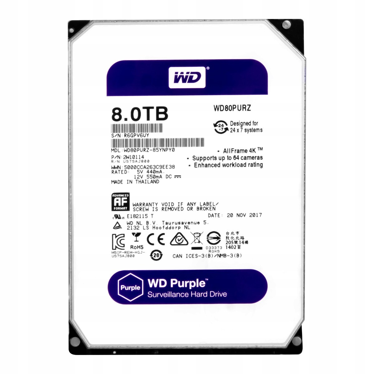 Wd Purple 8TB 5.4K 128MB Sata III 3.5'' WD80PURZ